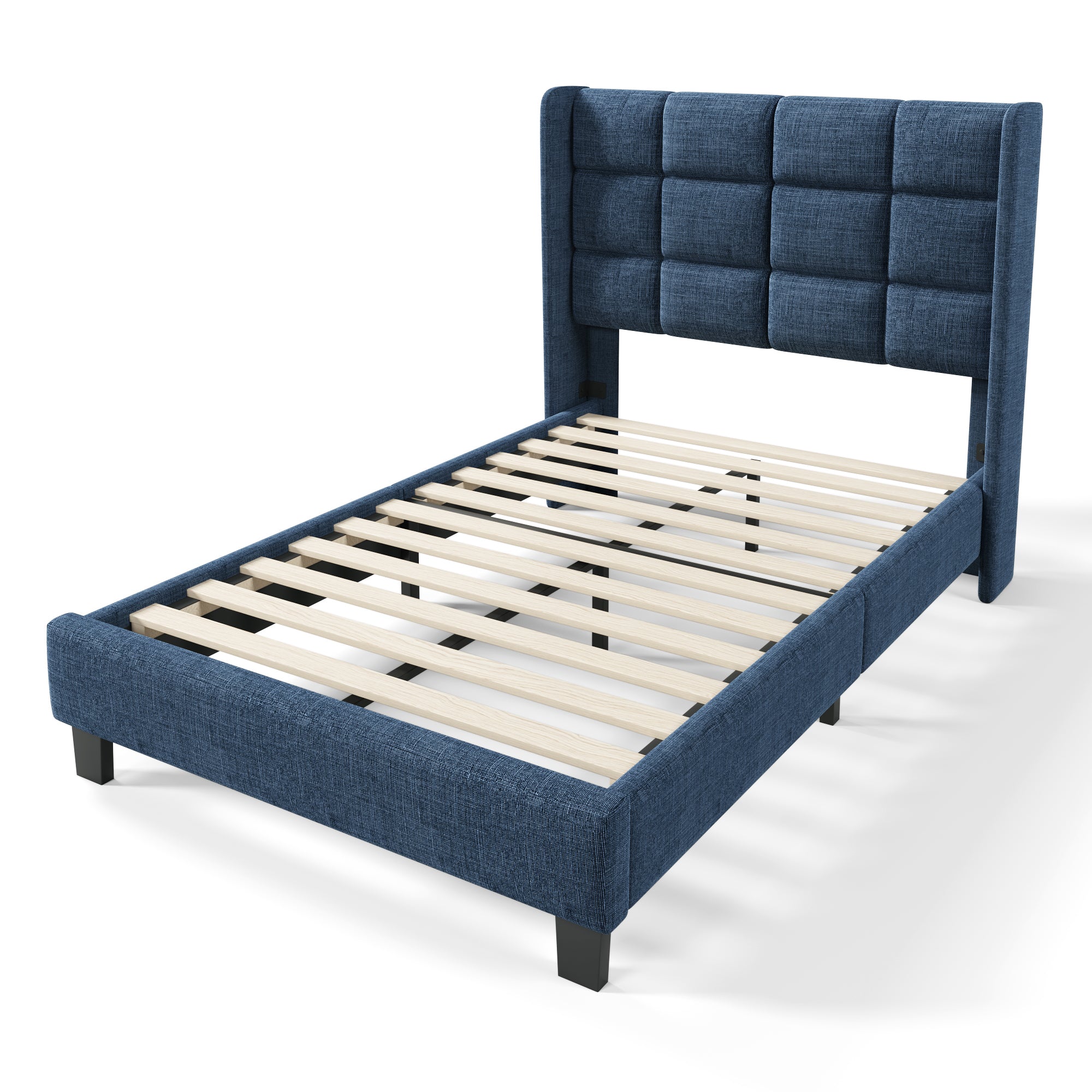 Logidon gestoffeerd bed 90x200 blauw linnen met gecapitonneerd hoofdeinde