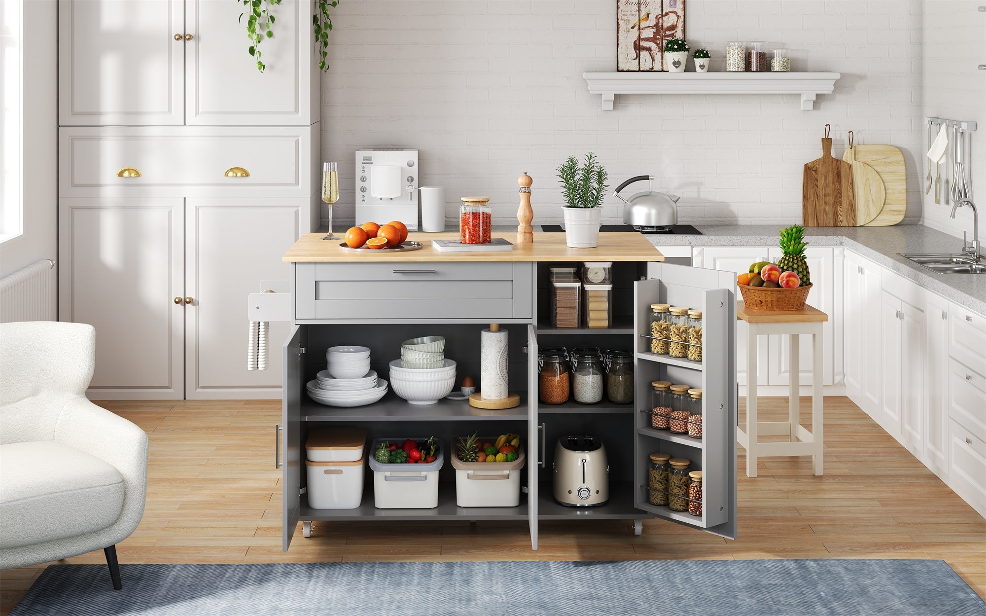 Logidon mobile kitchen table with folding top oak grain