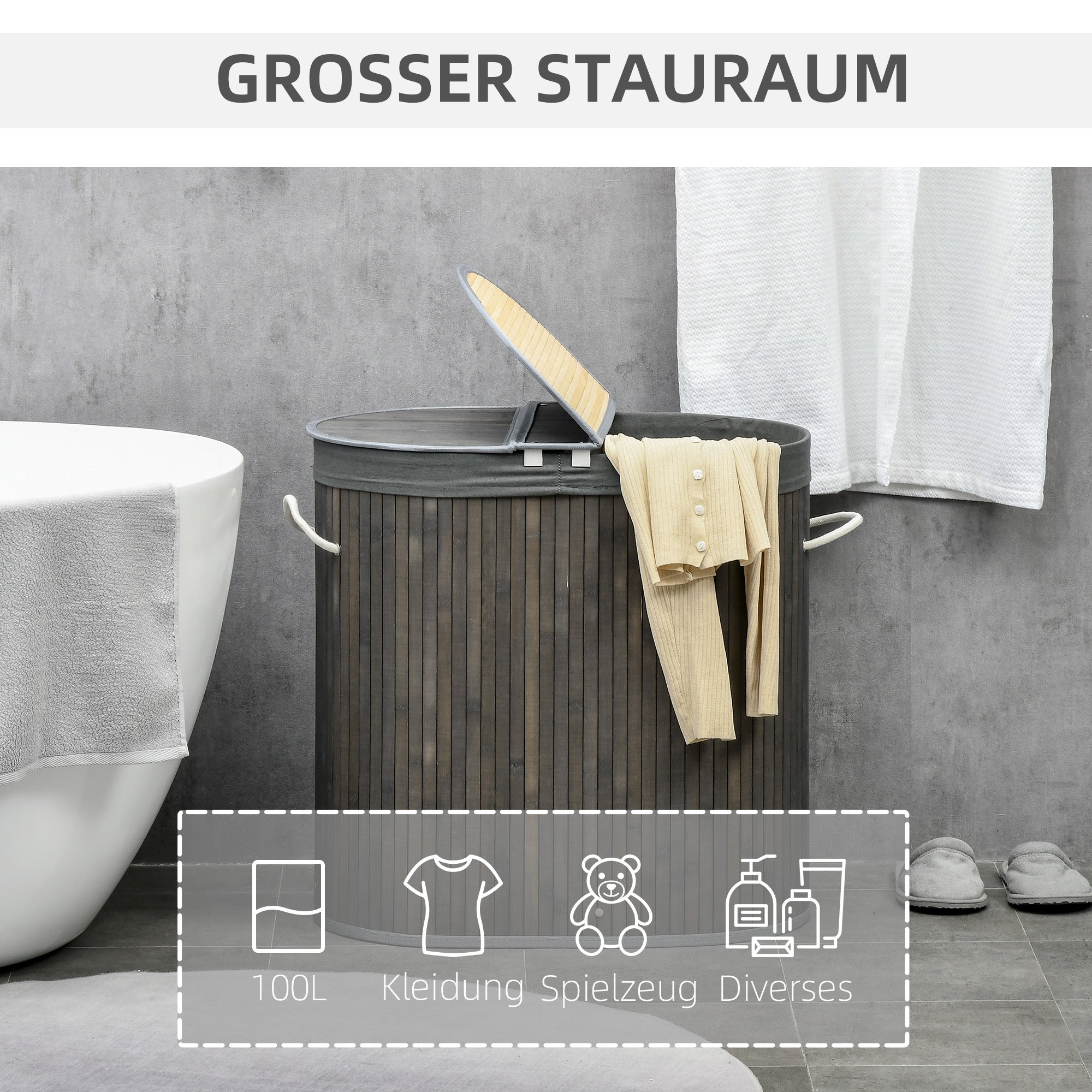 Logidon Bamboe Wasmand 100L Met Deksel 2 Afneembare Zakken Grijs