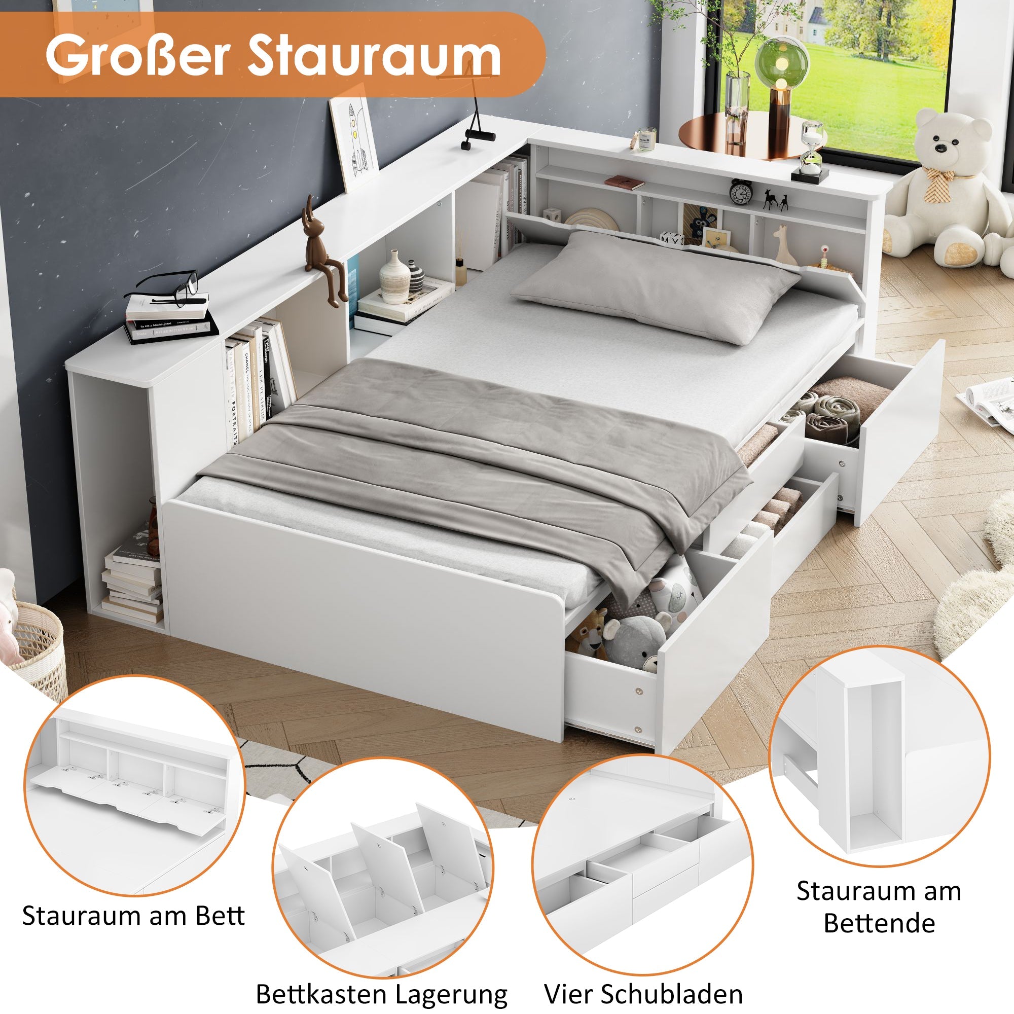Logidon kinderbed 90x200 cm wit met opbergruimte en boekenkast