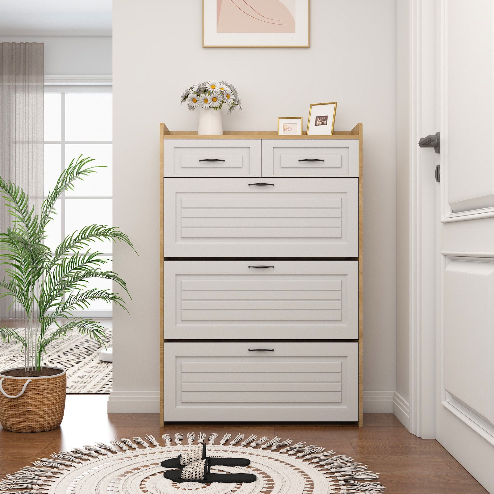 Logidon shoe chest white rotating shoe cabinet 3 flaps 2 drawers
