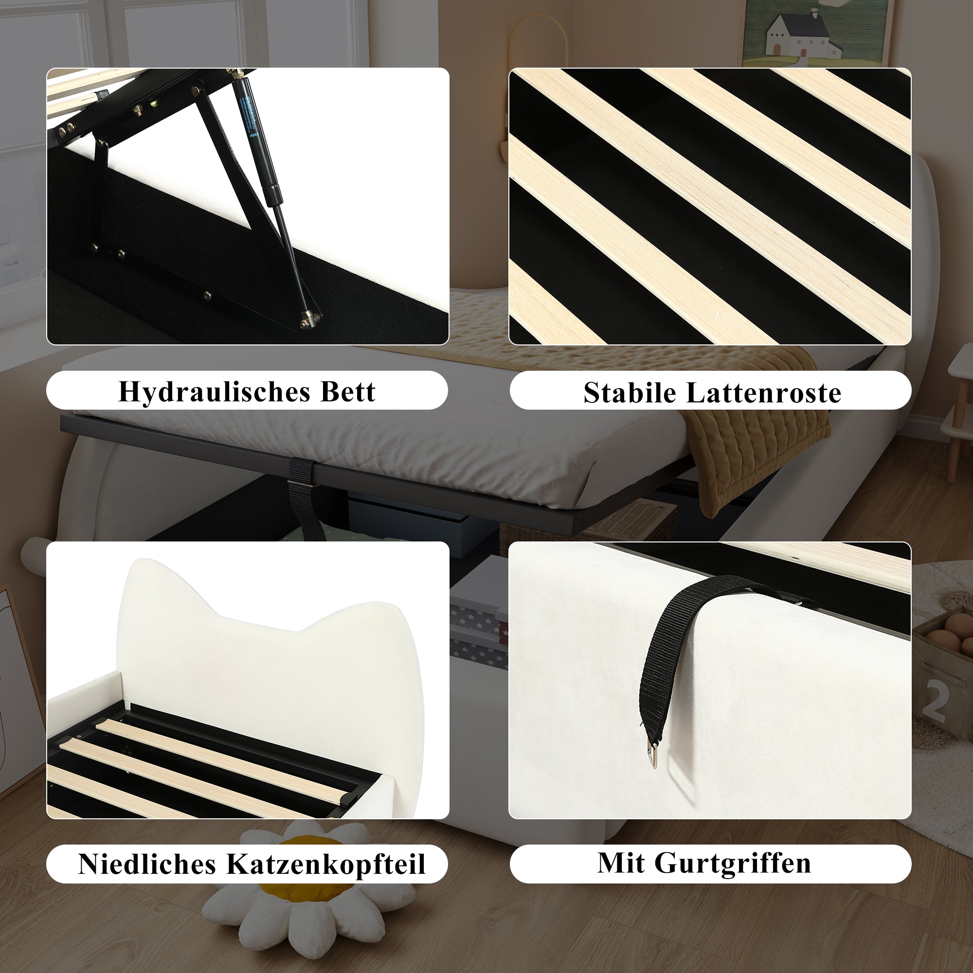Logidon gestoffeerd kinderbed 90x200 beige kattendesign met opbergruimte