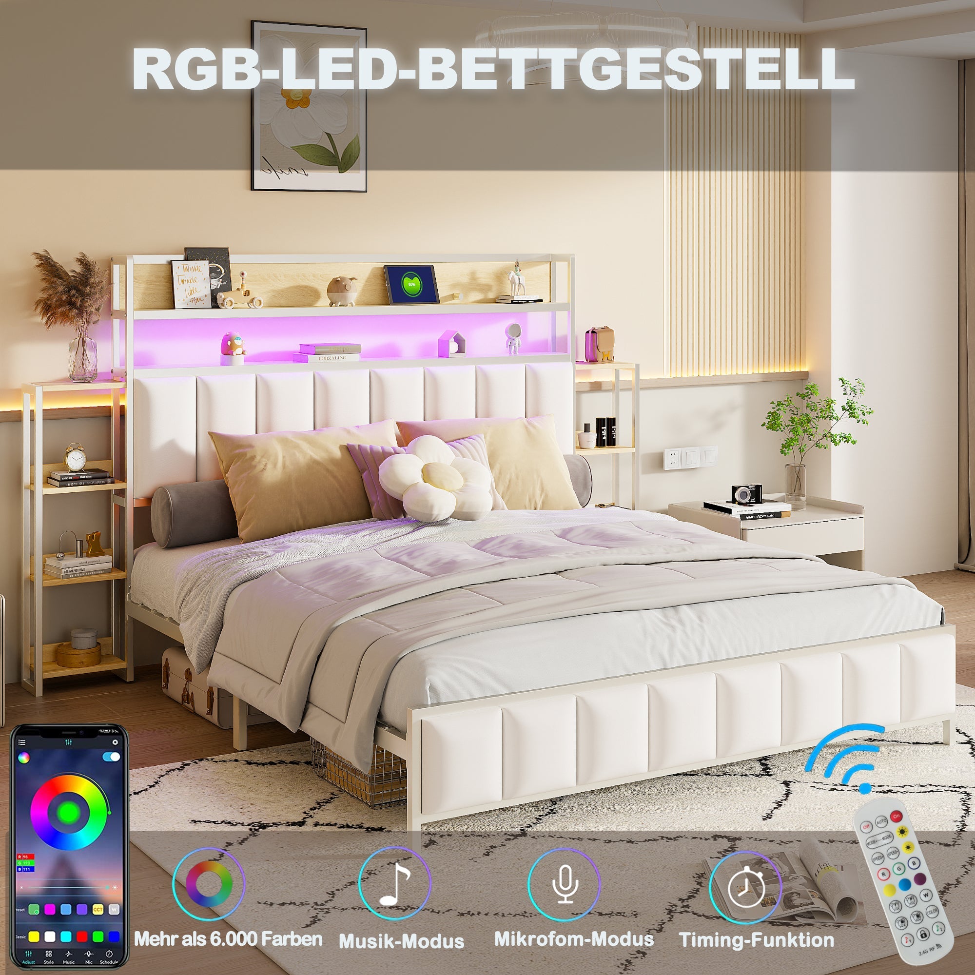 Logidon gestoffeerd bed 160x200 cm wit kunstleer met LED-verlichting
