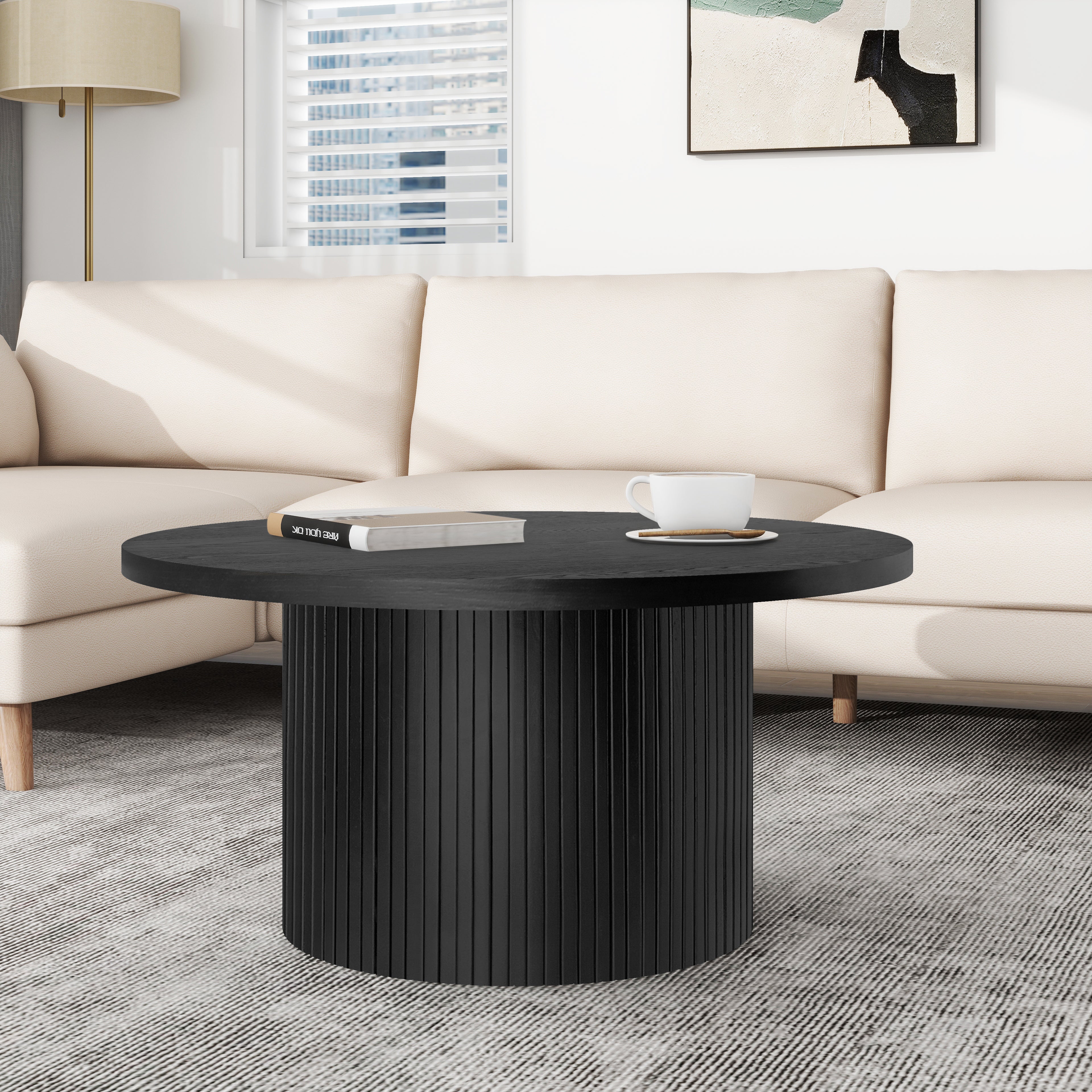 Logidon Ronde massief houten salontafel Zwart 90x90 cm Eiken MDF