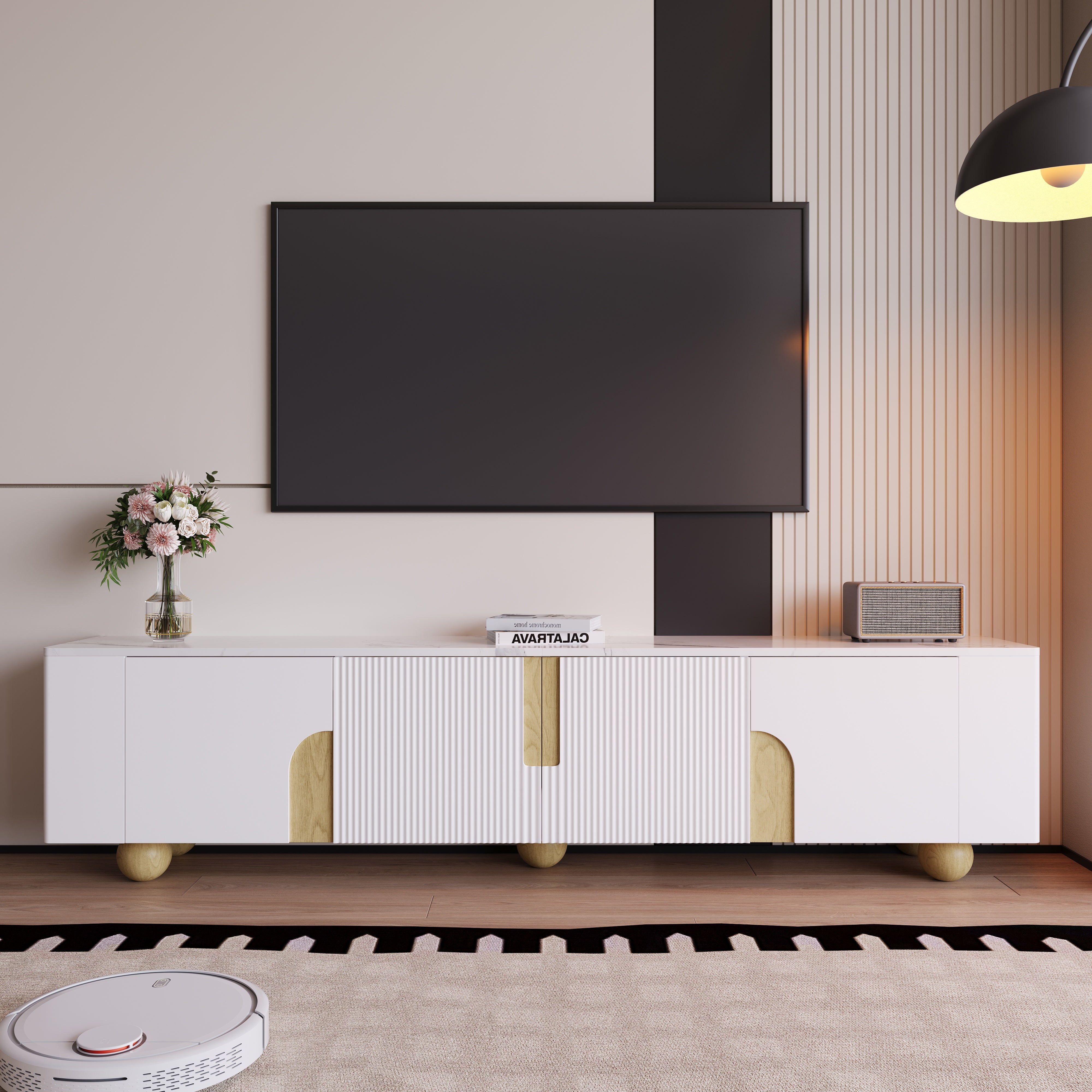 Logidon Wit TV-meubel 180 cm - 4 deuren, marmerlook, houten poten