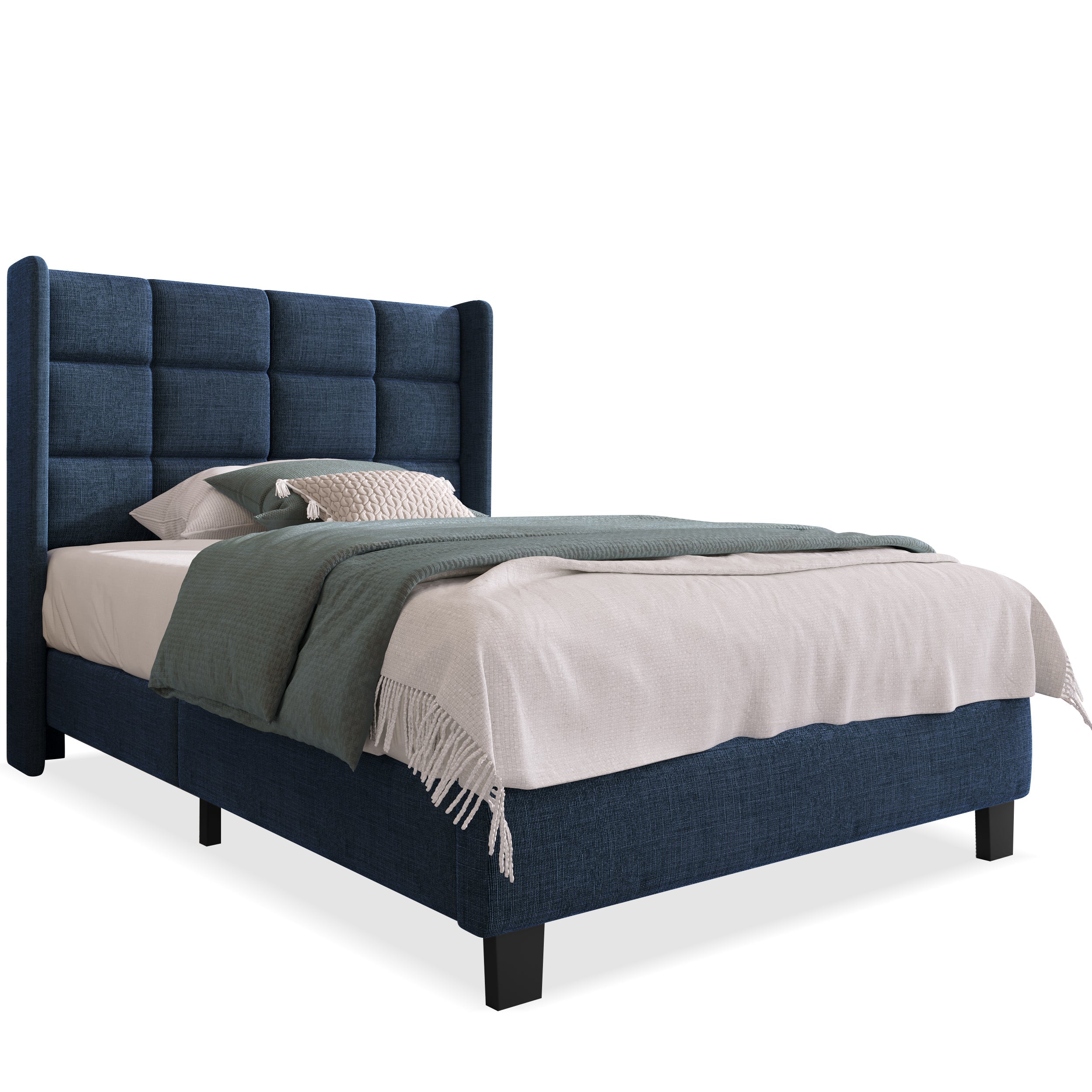 Logidon gestoffeerd bed 90x200 blauw linnen met gecapitonneerd hoofdeinde