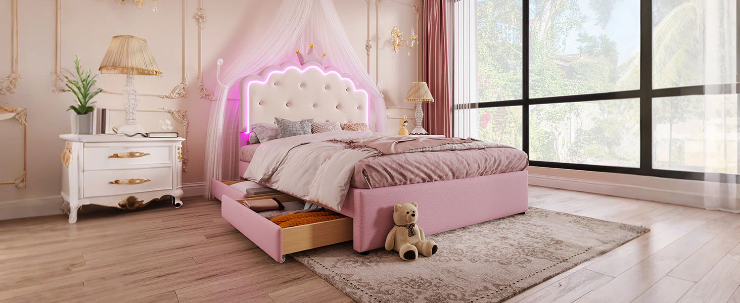 Logidon gestoffeerd bed 140x200 roze met lattenbodem LED-verlichting