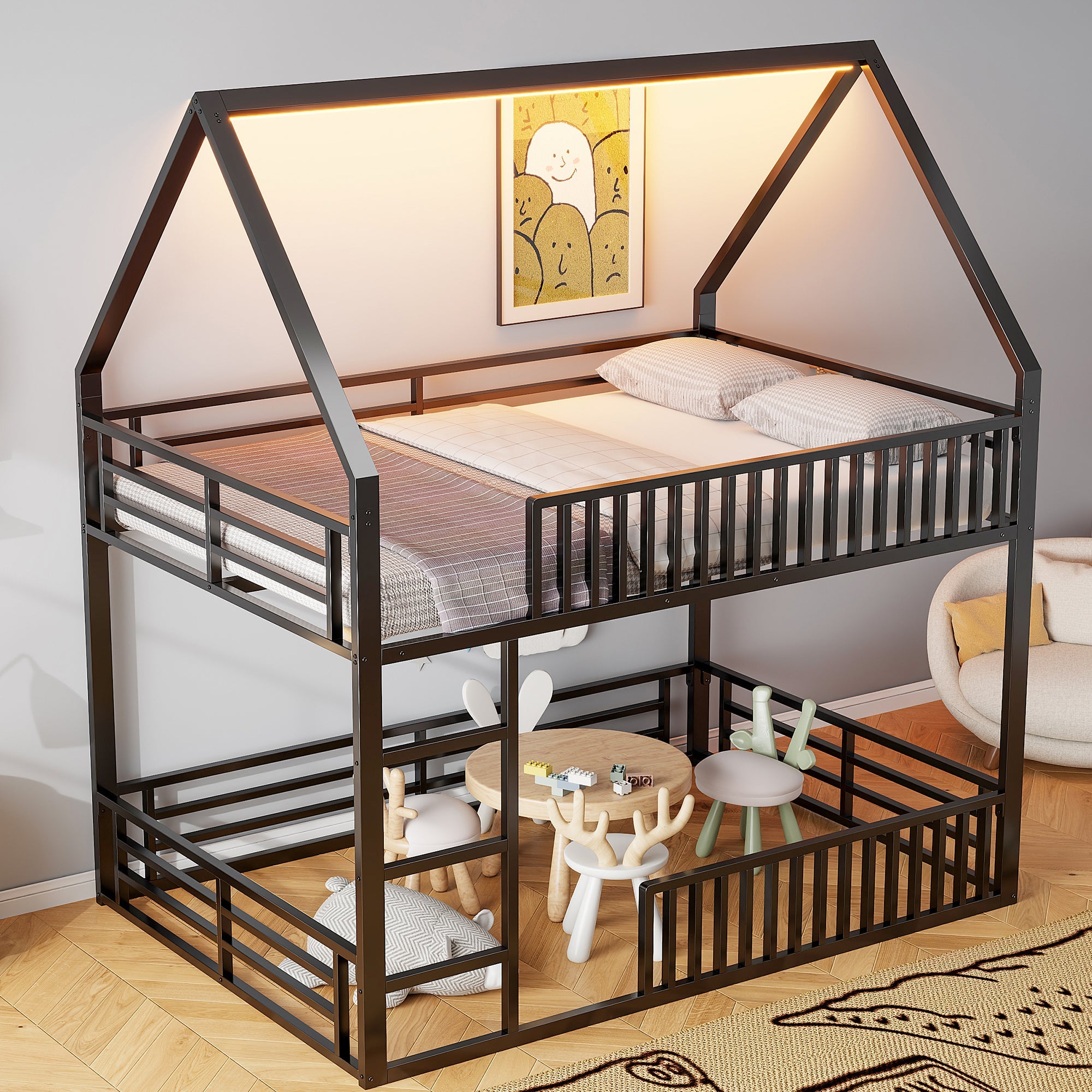 Logidon House stapelbed 140x200 met hekwerk en LED-licht zwart