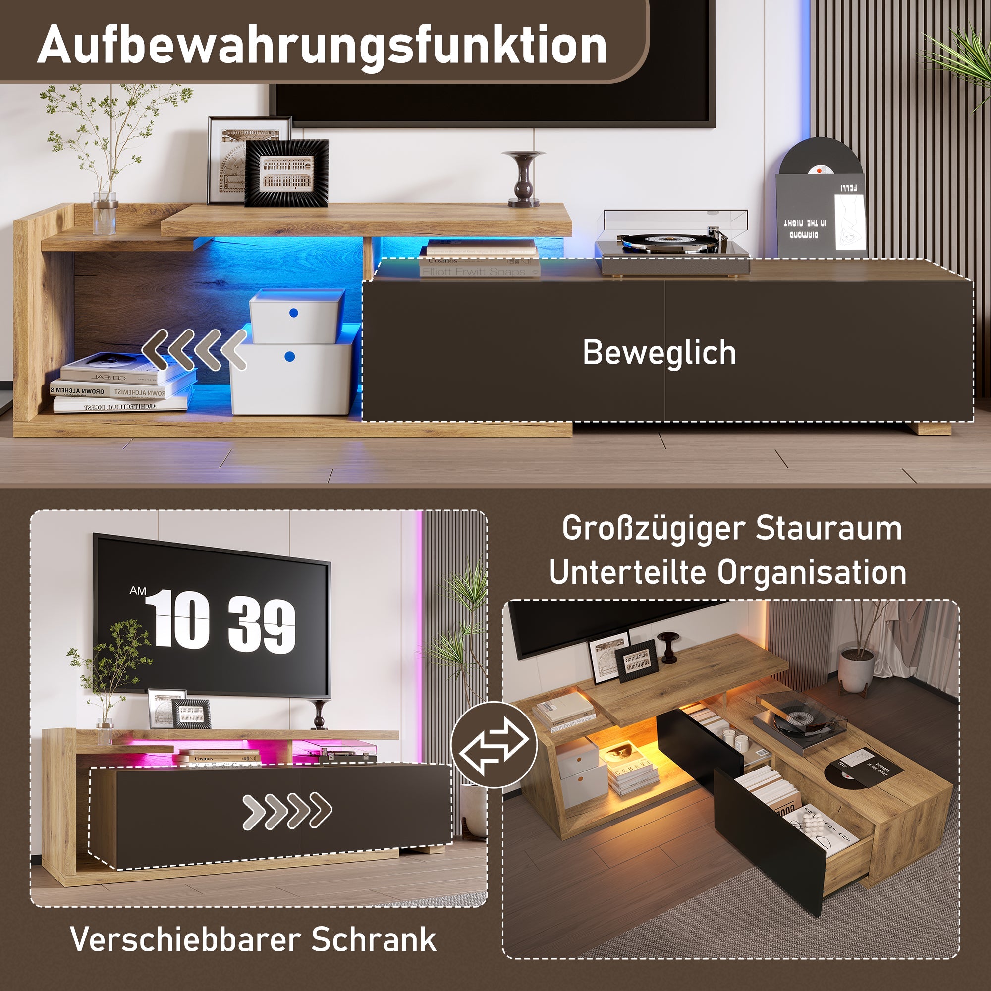Logidon modulair tv-meubel met LED-verlichting en uittrekmodule