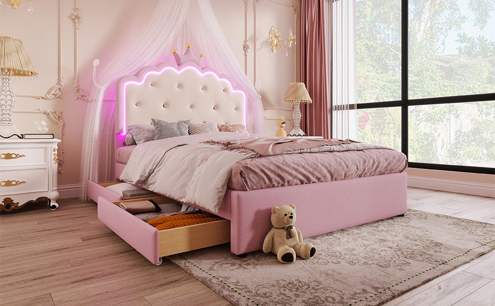 Logidon gestoffeerd bed 140x200 roze met lattenbodem LED-verlichting