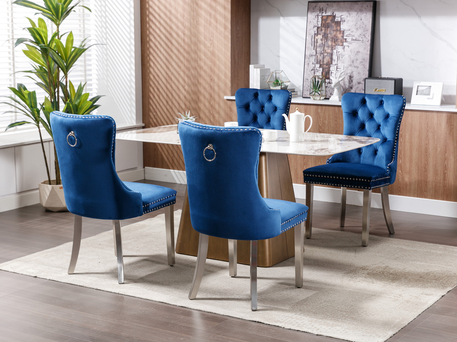 Logidon Nikki Eetstoel Blauw Fluweel Spijkerkop Chroom Voetenset 2