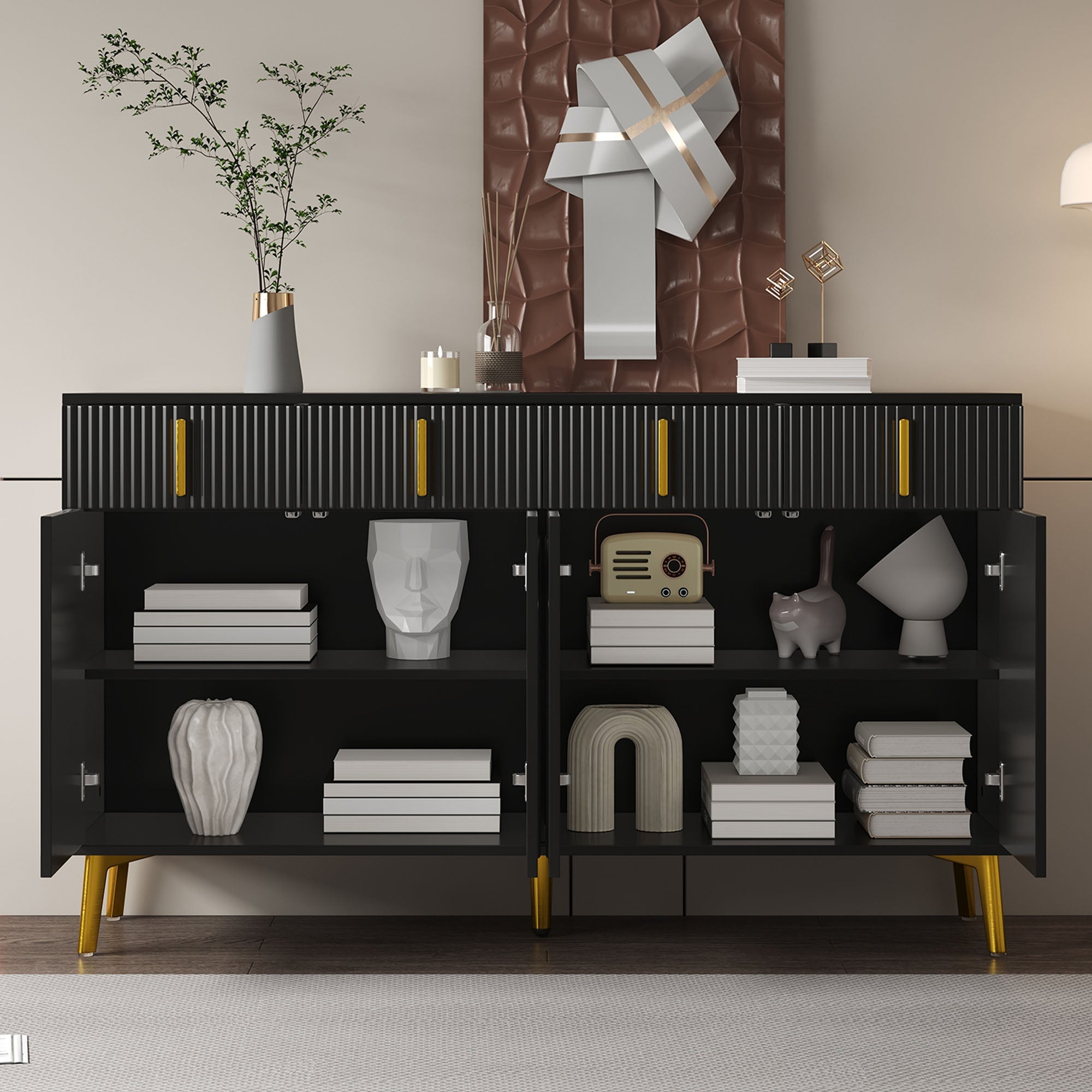 Logidon Dressoir Zwart met Gouden Handgrepen en Poten 140x37,8x82