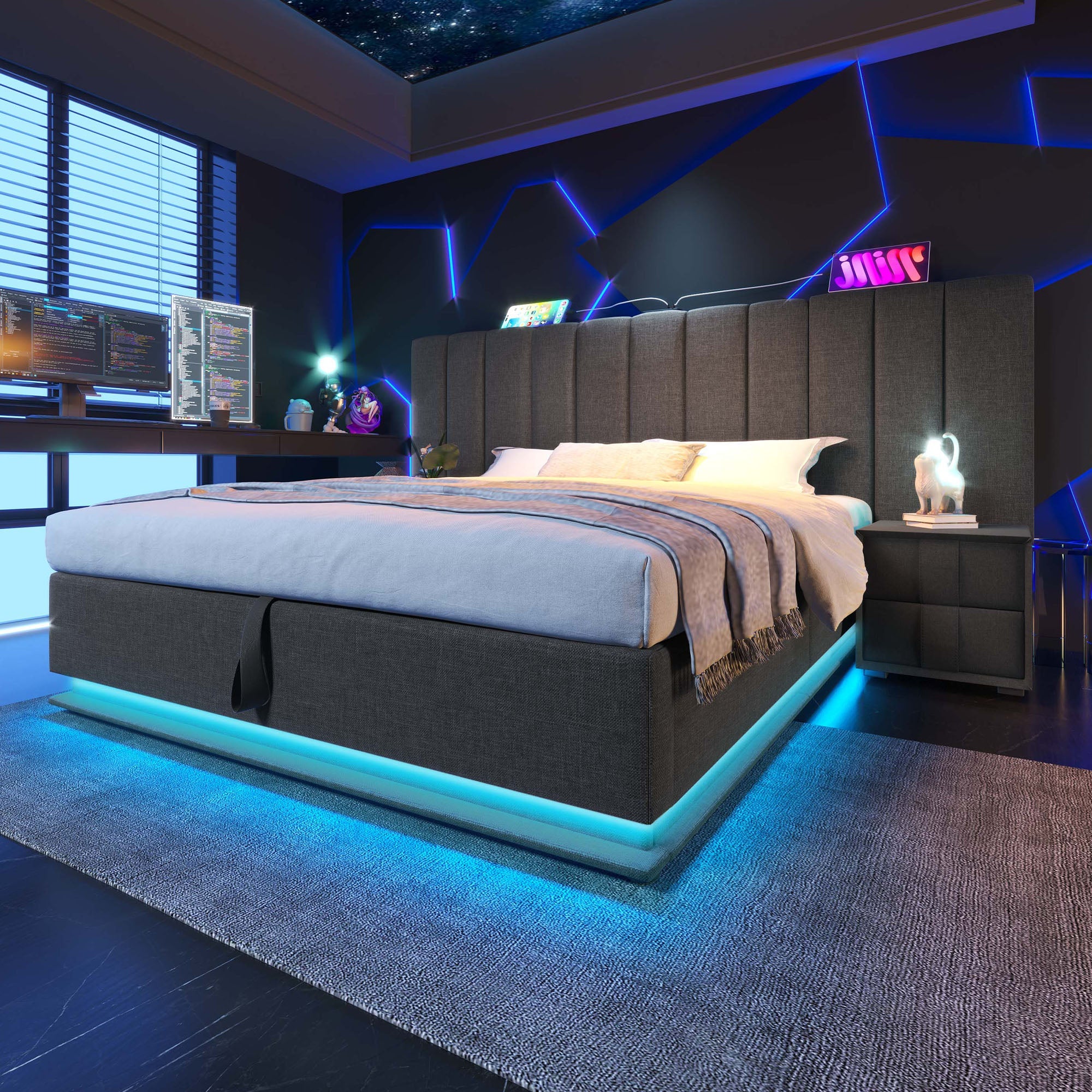 Logidon gestoffeerd bed 160x200 grijs met opbergruimte LED app bediening
