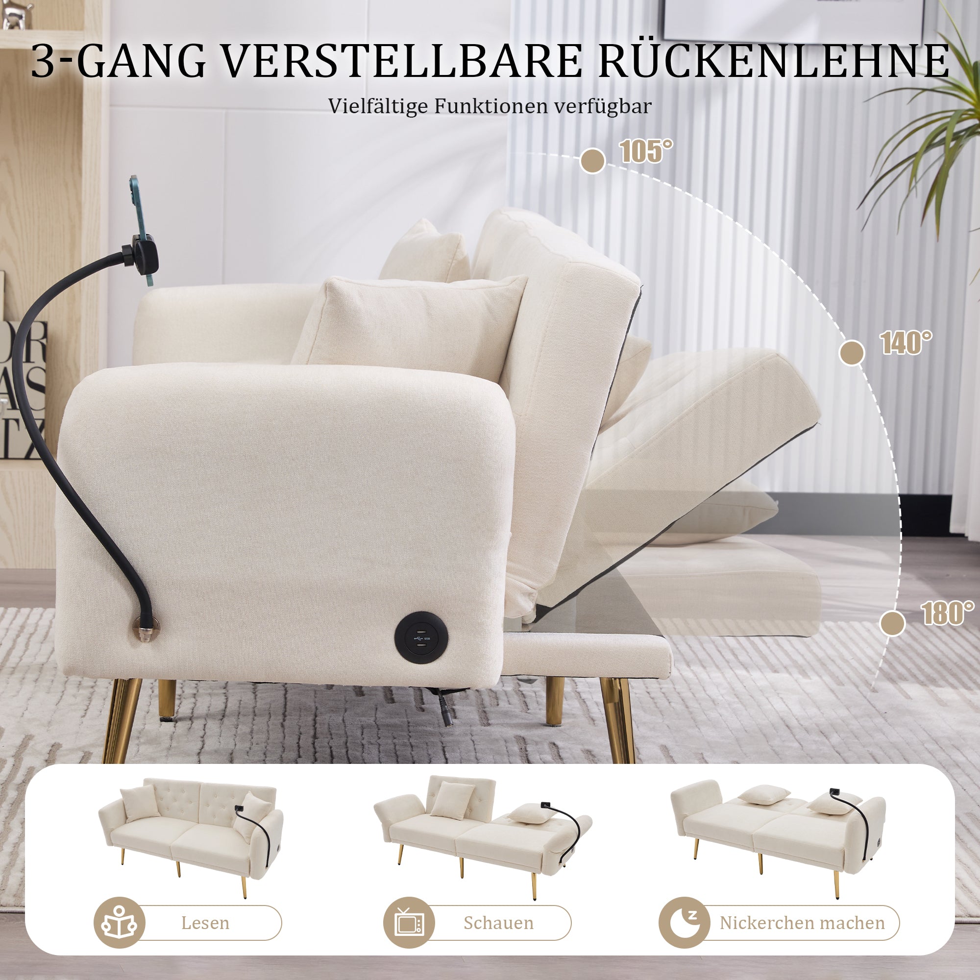 Logidon slaapbank tweezits beige fluweel met verstelbare rugleuning USB