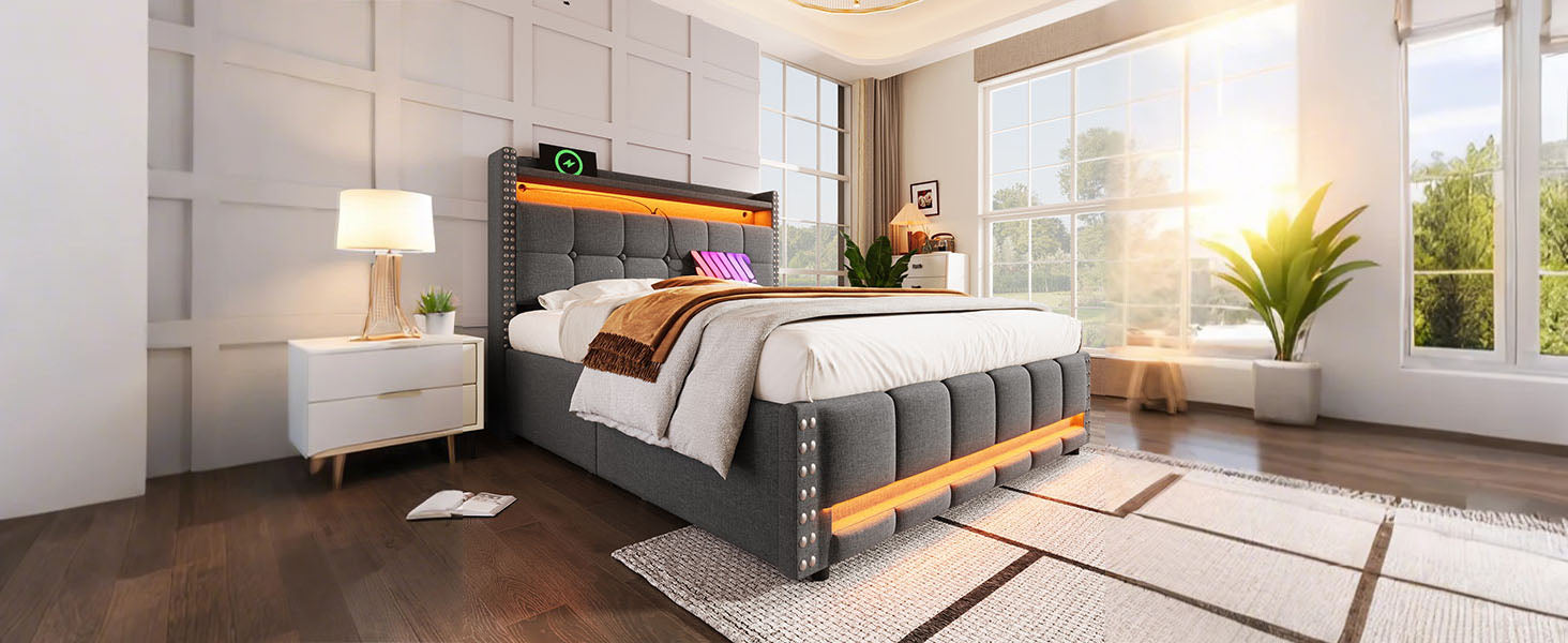 Logidon gestoffeerd bed 140x200 grijs met LED verlichting USB