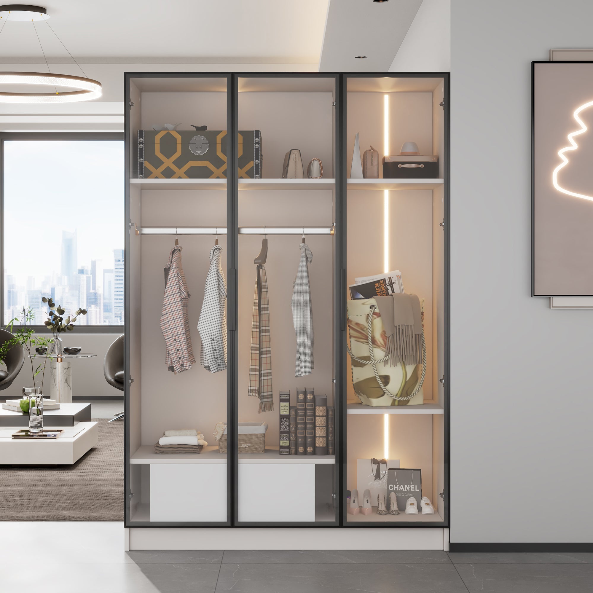 Logidon Witte kledingkast 110x50x160 cm met 3 glazen deuren LED