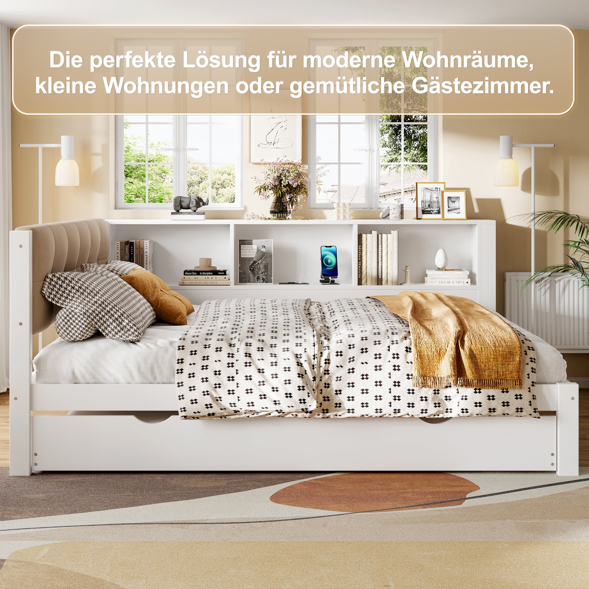 Logidon daybed wit 140x200 CM met uitschuifbaar bed LED-verlichting