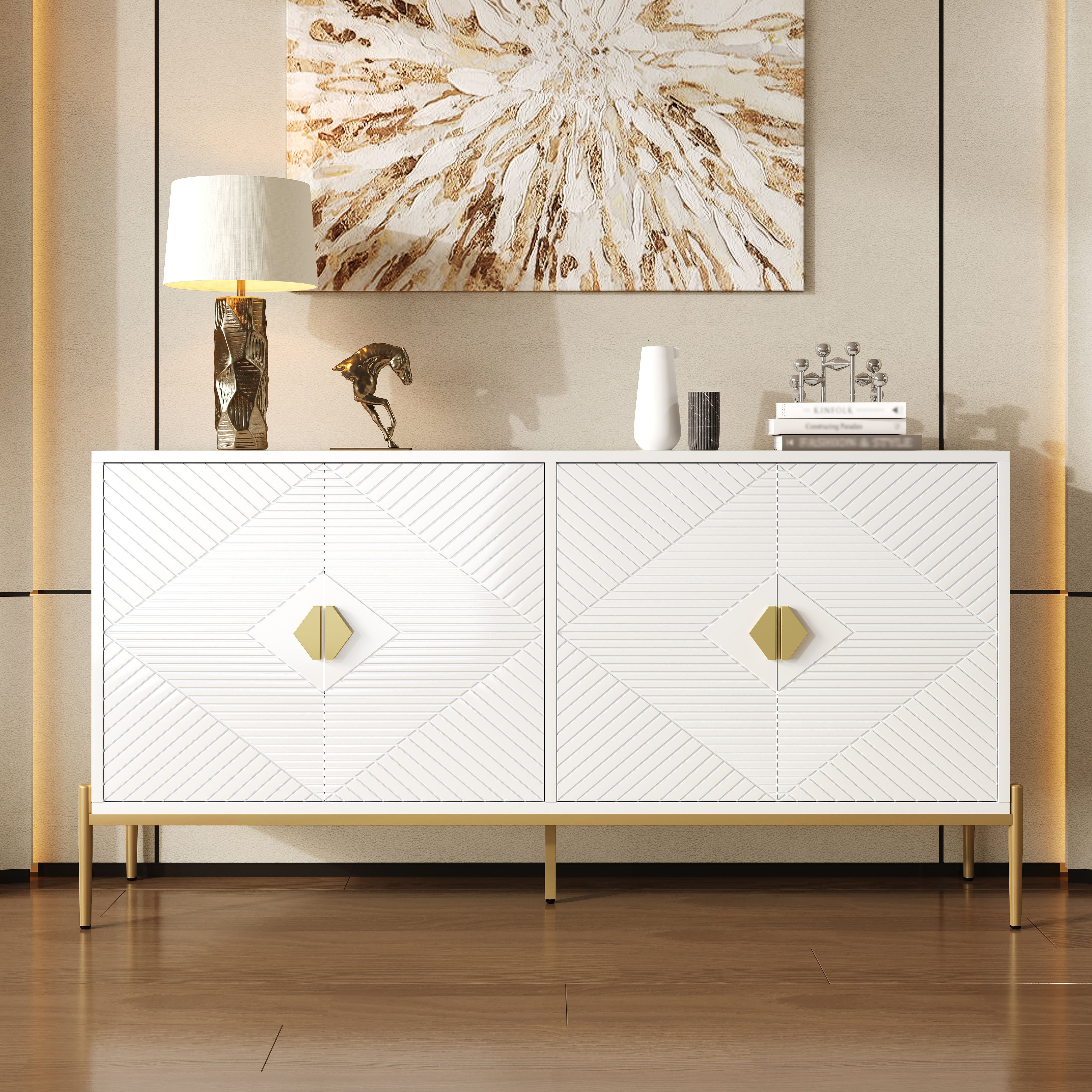 Logidon Modern dressoir wit met gouden details, 4 deuren, 162x40x80