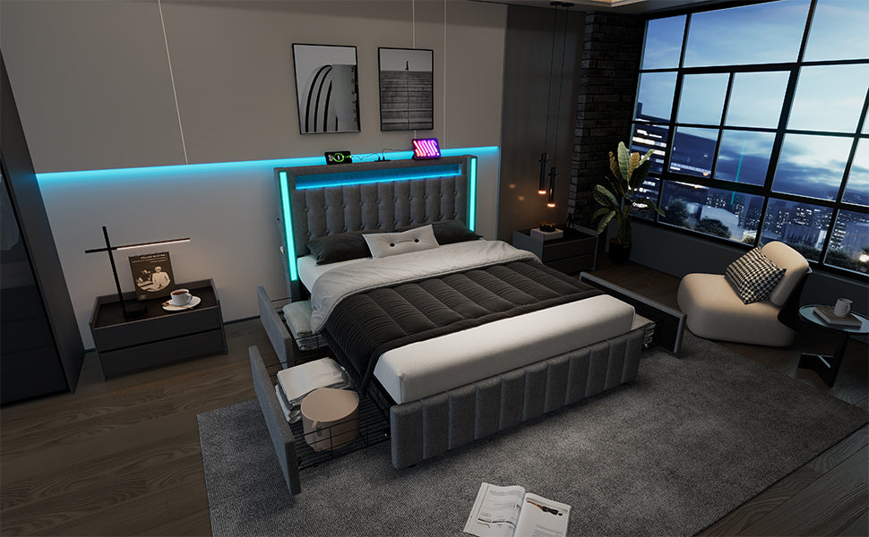Logidon gestoffeerd bed 160x200 USB C oplaadfunctie LED verlichting grijs