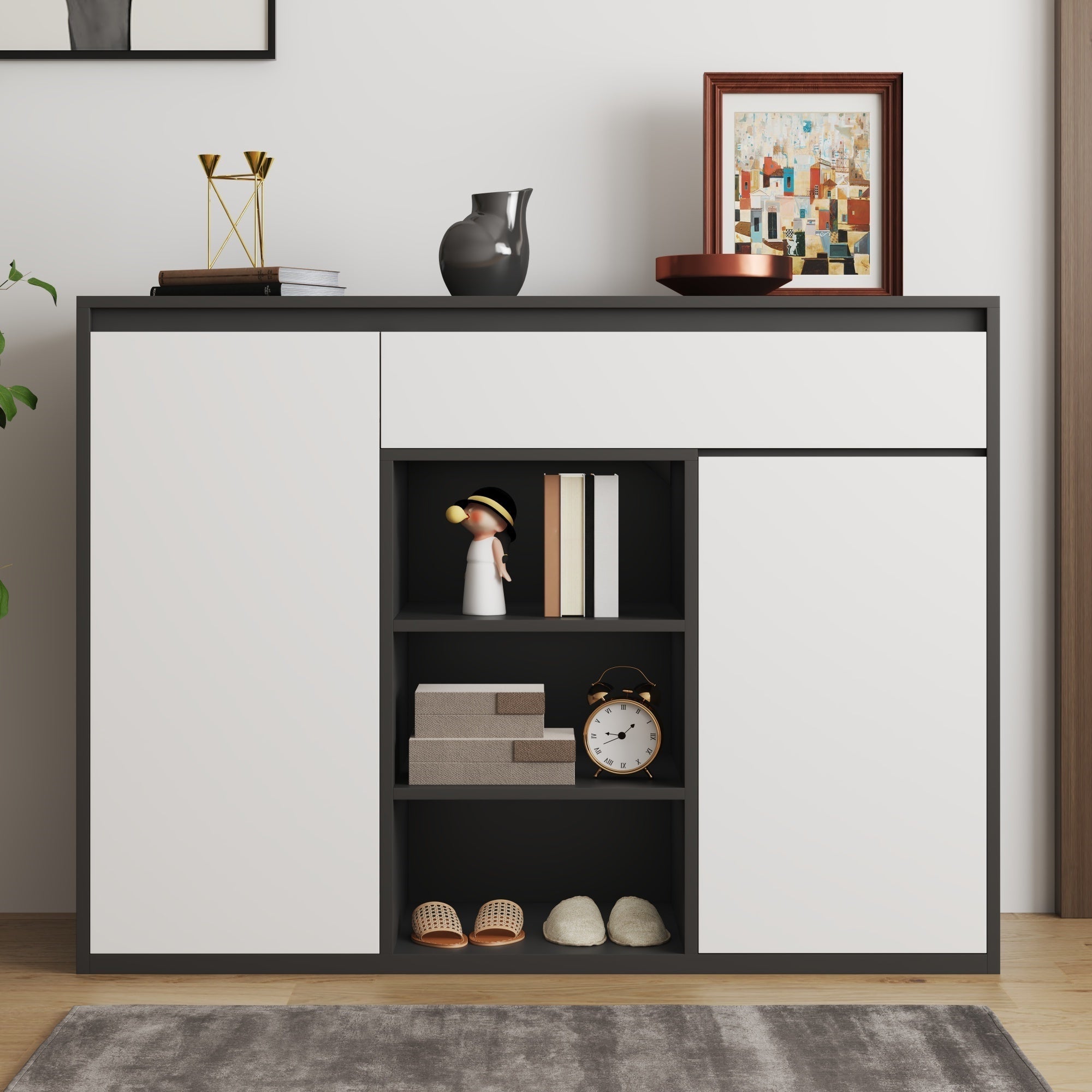Logidon Shoe Cabinet Black White Two Doors Adjustable Shoe Rack