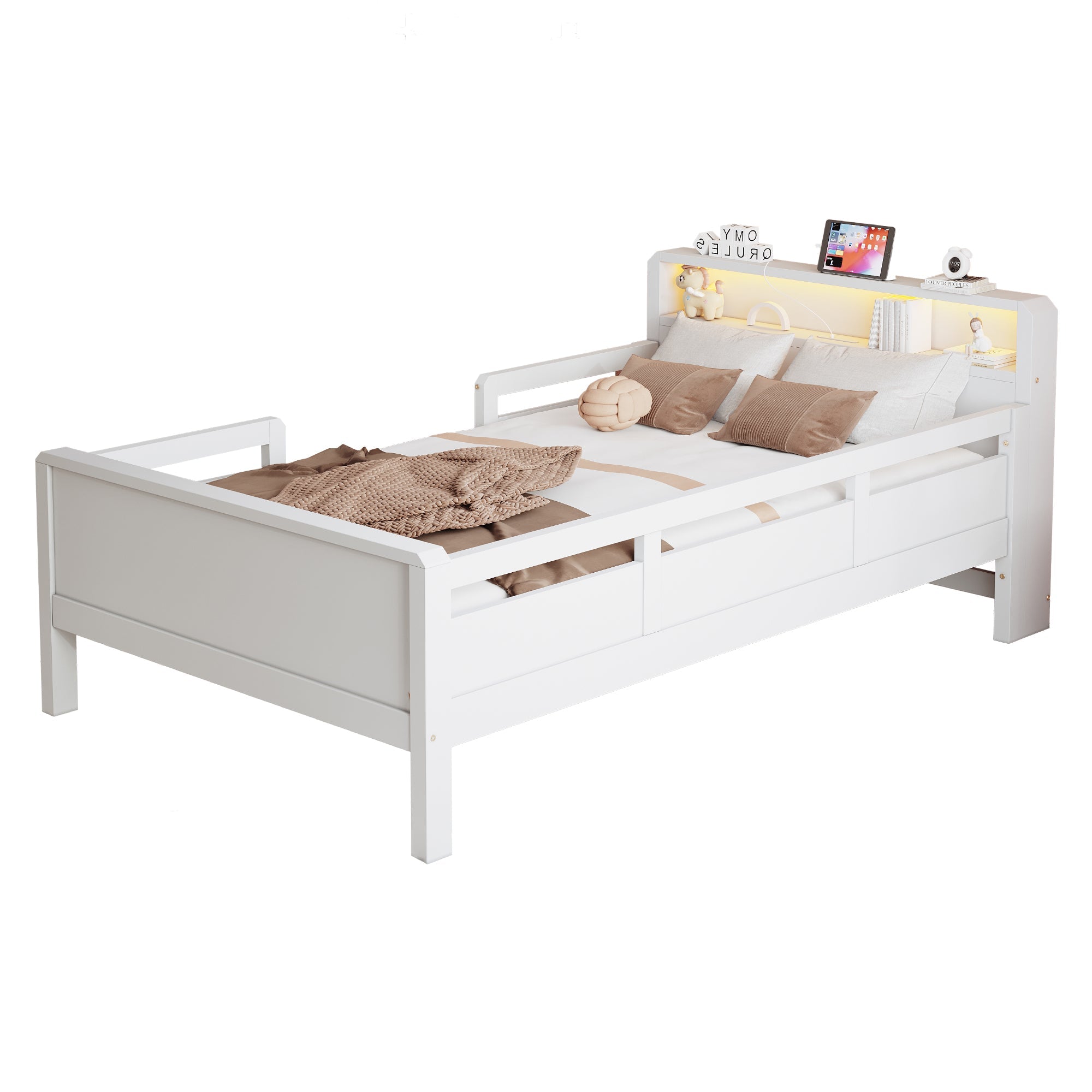 Logidon houten bed 90x200 cm USB C oplaadpunt LED hoofdbordplank wit