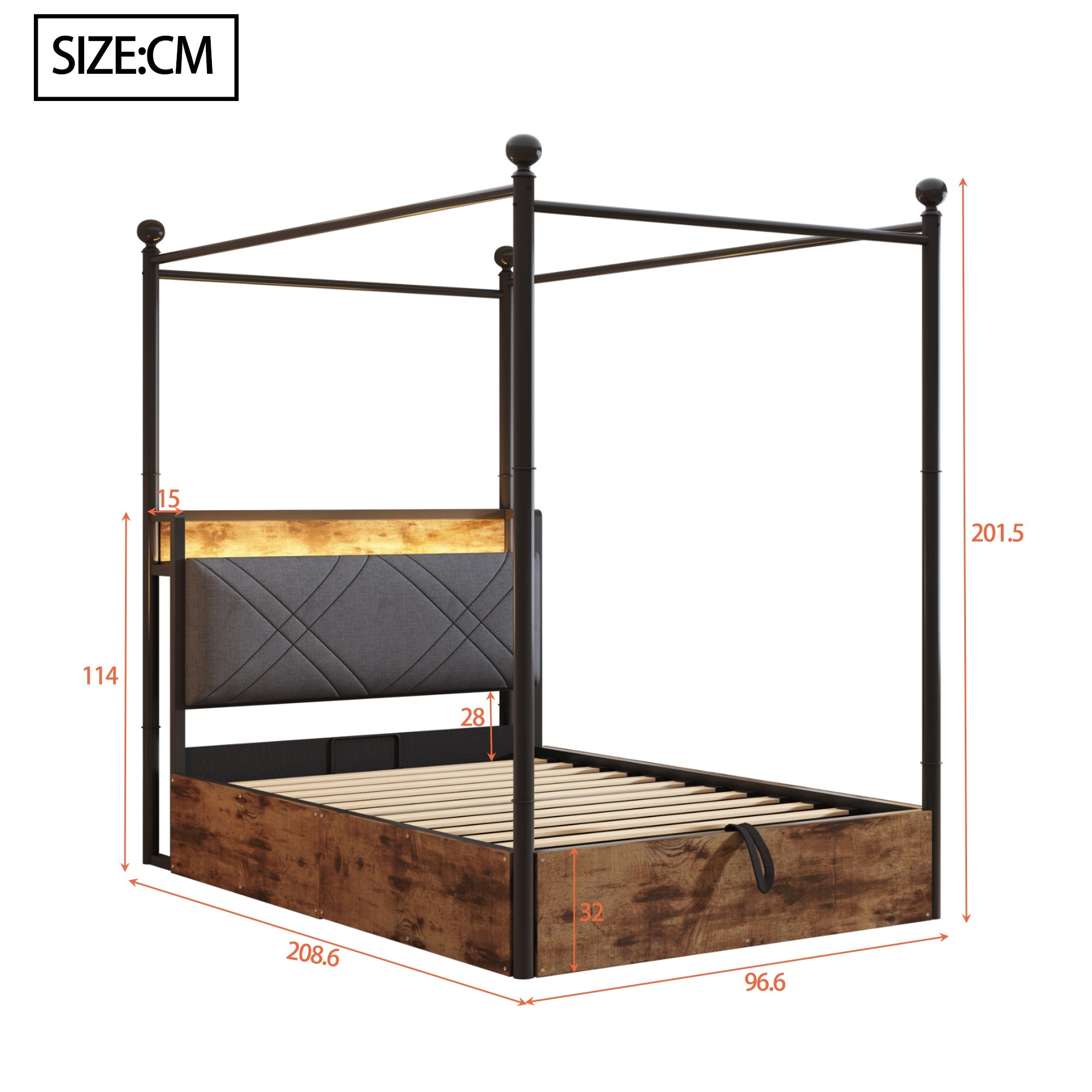Logidon hemelbed 90x190 zwart met opbergruimte hydraulisch LED USB-C