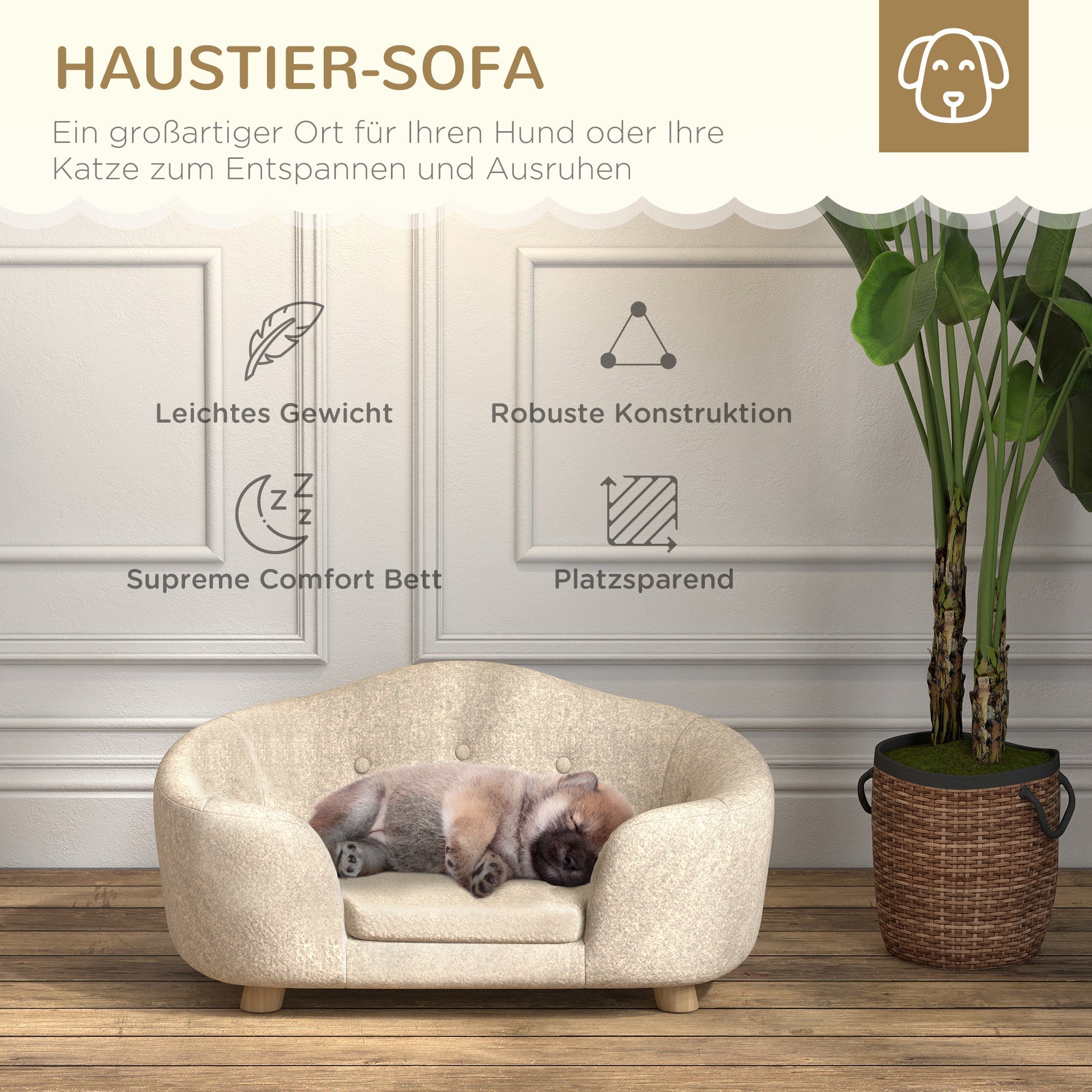 Logidon Hondensofa Crème Wit Met Kussens Houten Voeten 70x47x30 Cm