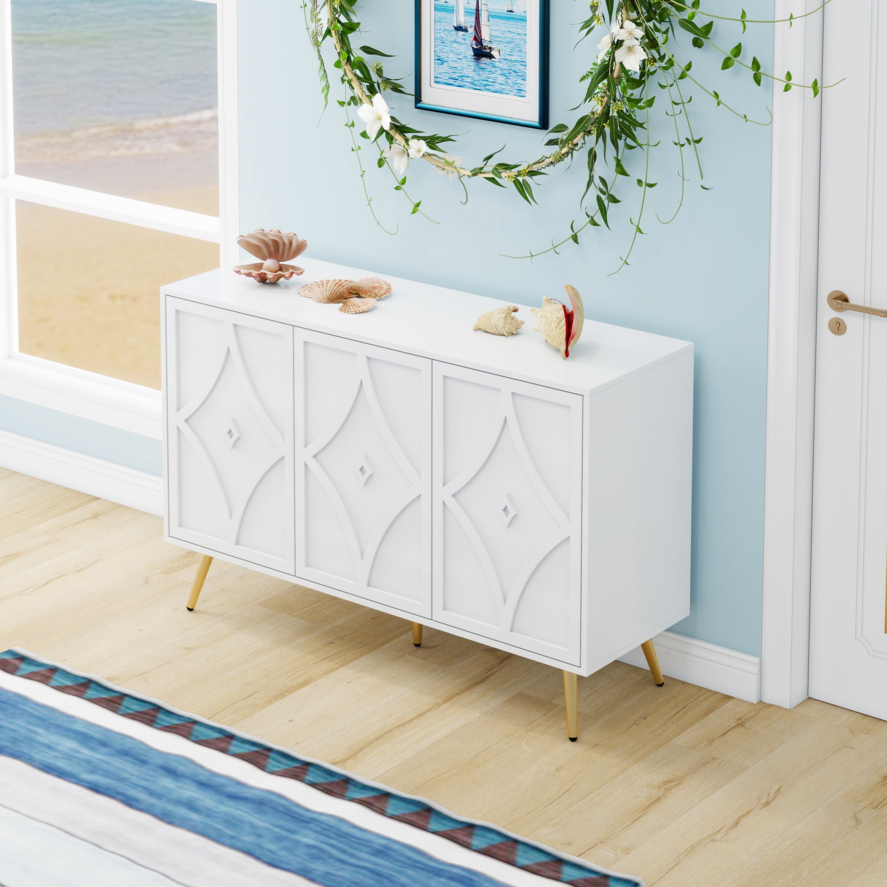 Logidon dressoir 3 deuren wit met 3D-snijpatroon en gouden poten