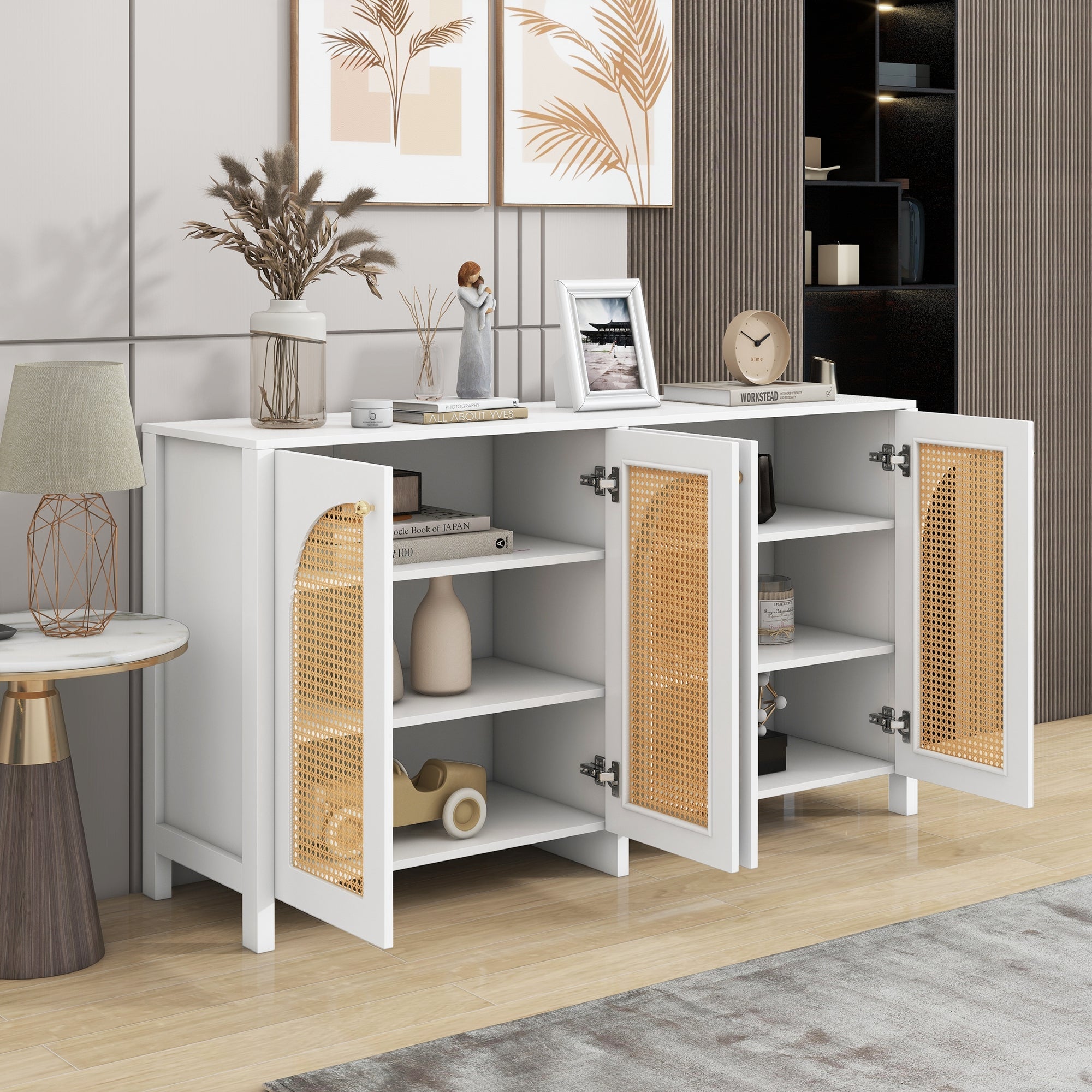 Logidon Modern dressoir 4 rotan deuren wit 145x40x80 cm
