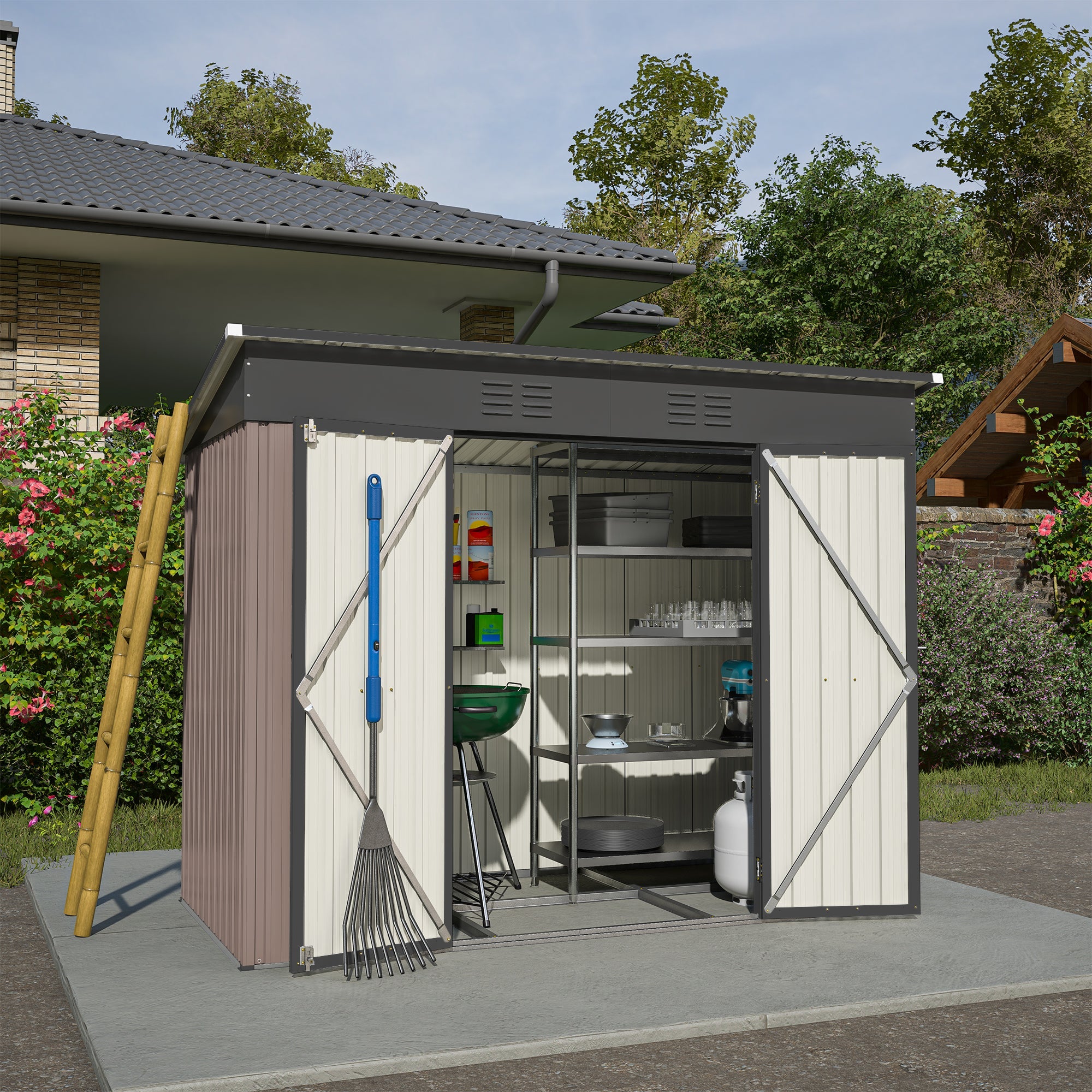 Logidon metalen tuinhuis 229x111x182 cm inclusief fundering bruin