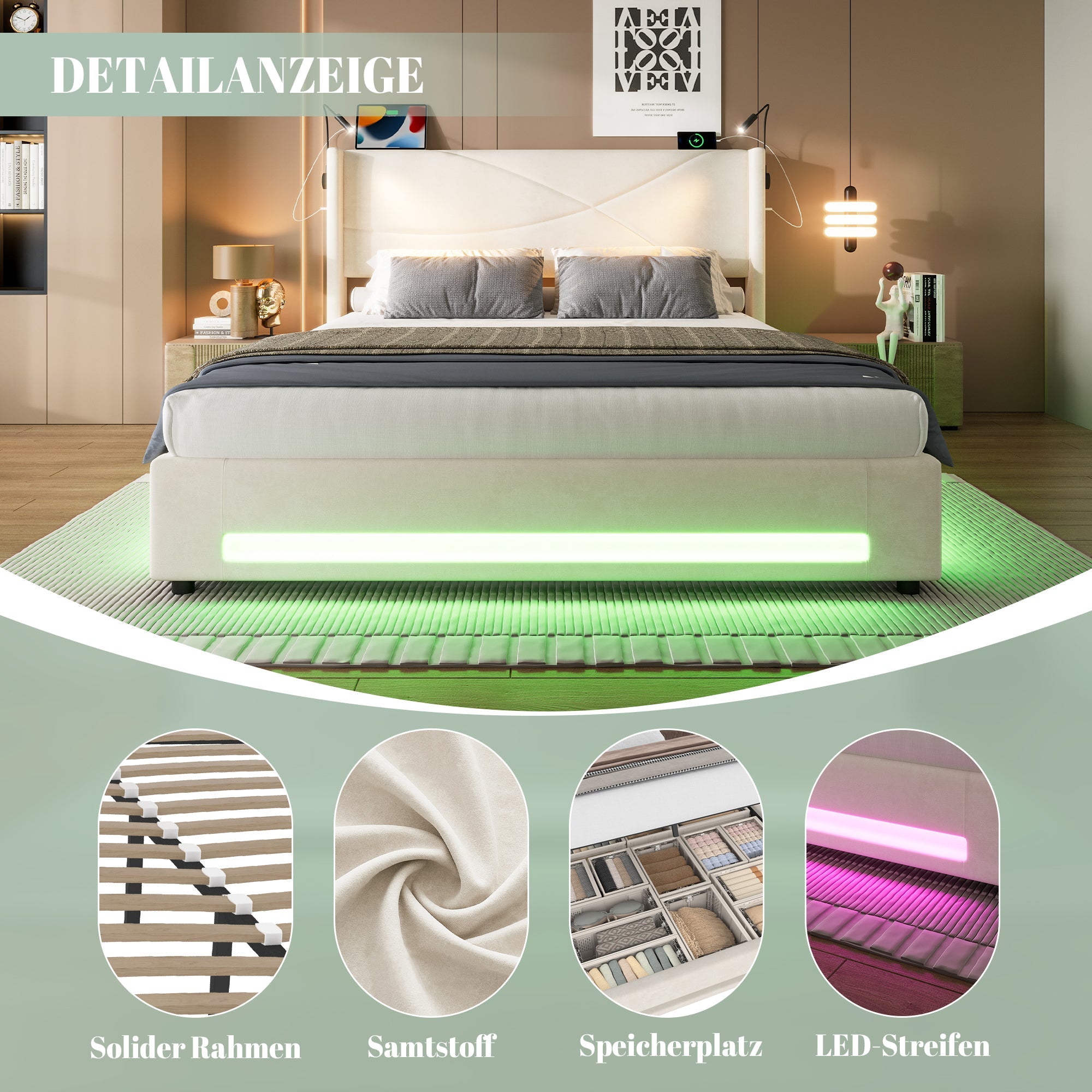 Logidon bedframe 160x200 cm beige fluweel met opbergruimte LED