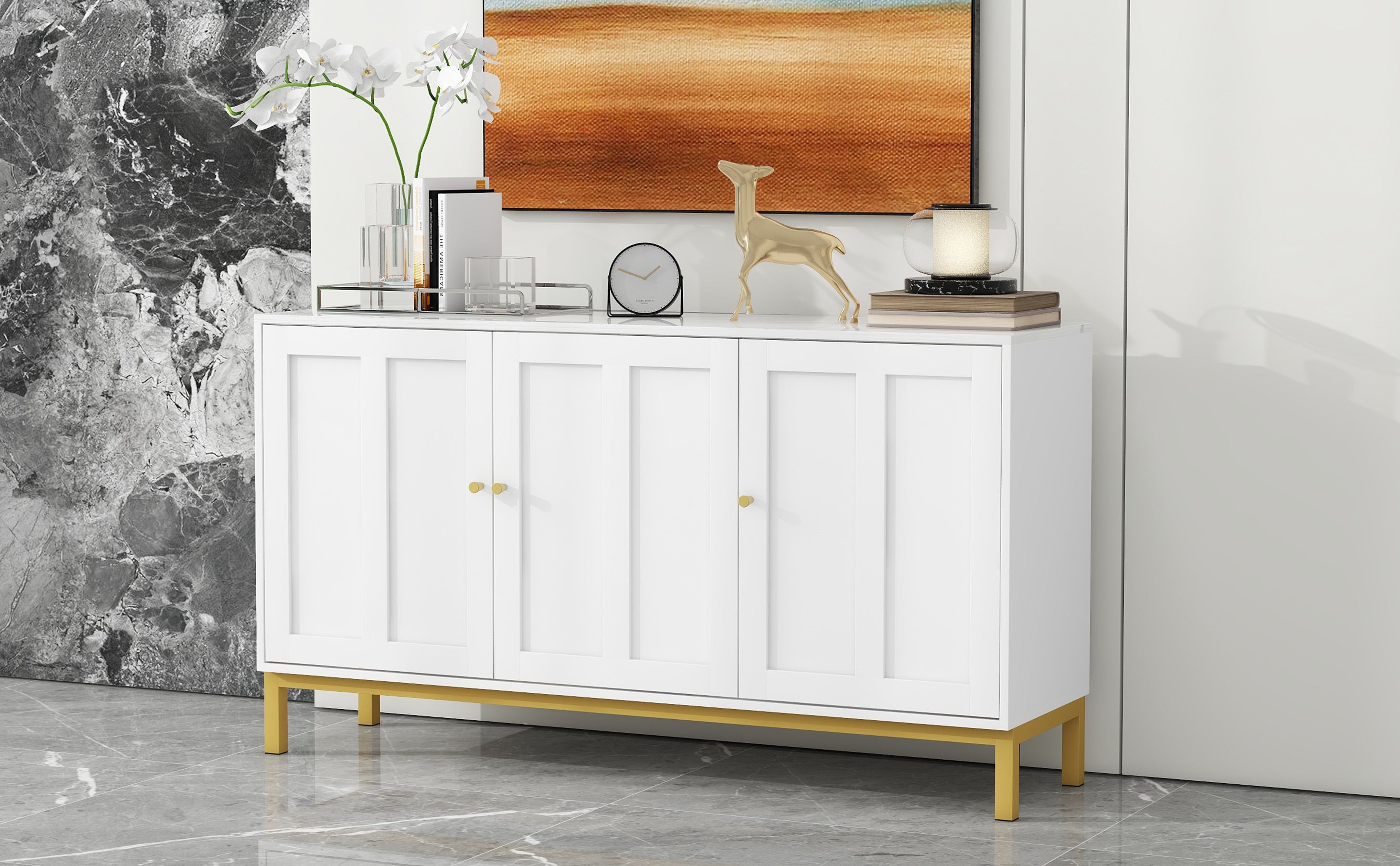 Logidon sideboard 3 doors with marble table top white 140 cm