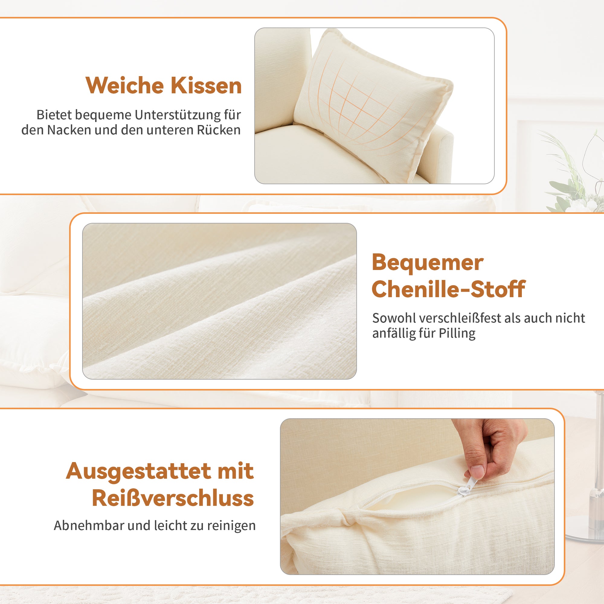 Logidon Driezitsbank Beige Chenille Met Voetensteun