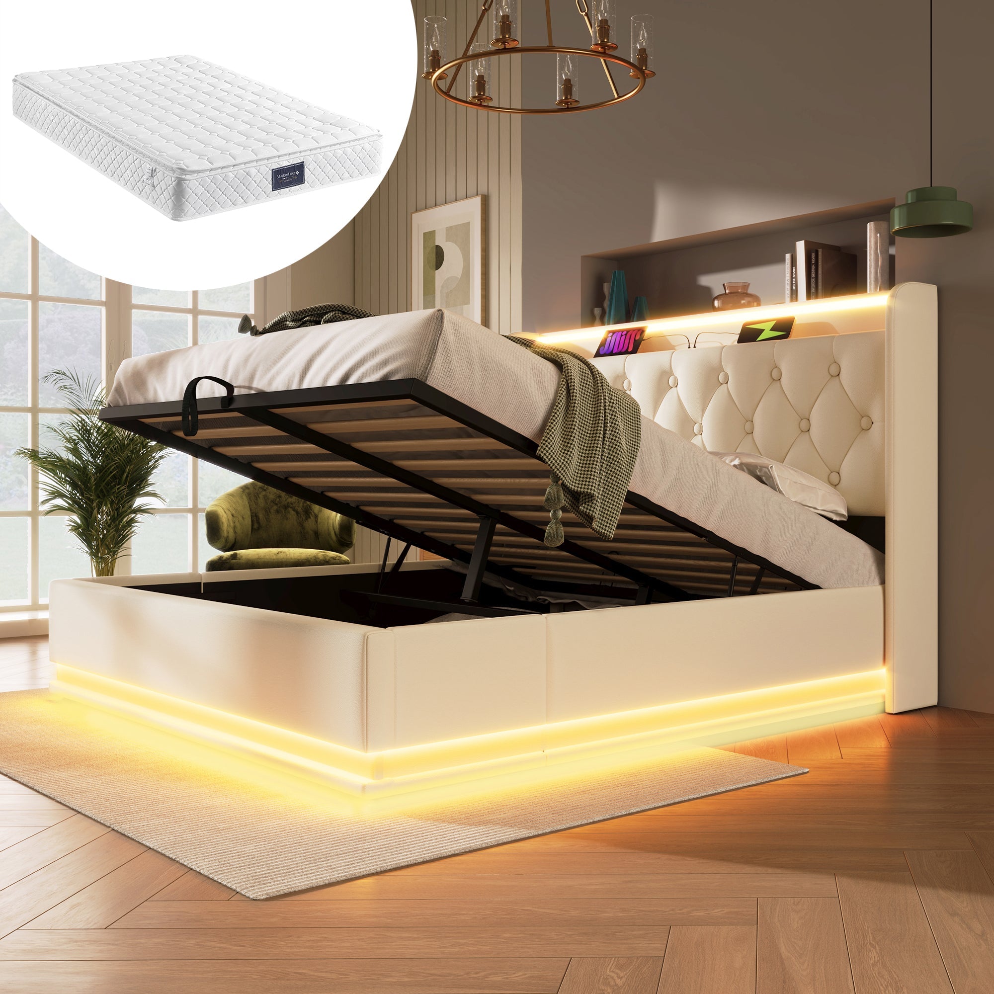Logidon gestoffeerd bed tweepersoonsbed 140x200 cm wit PU 360 Surround LED