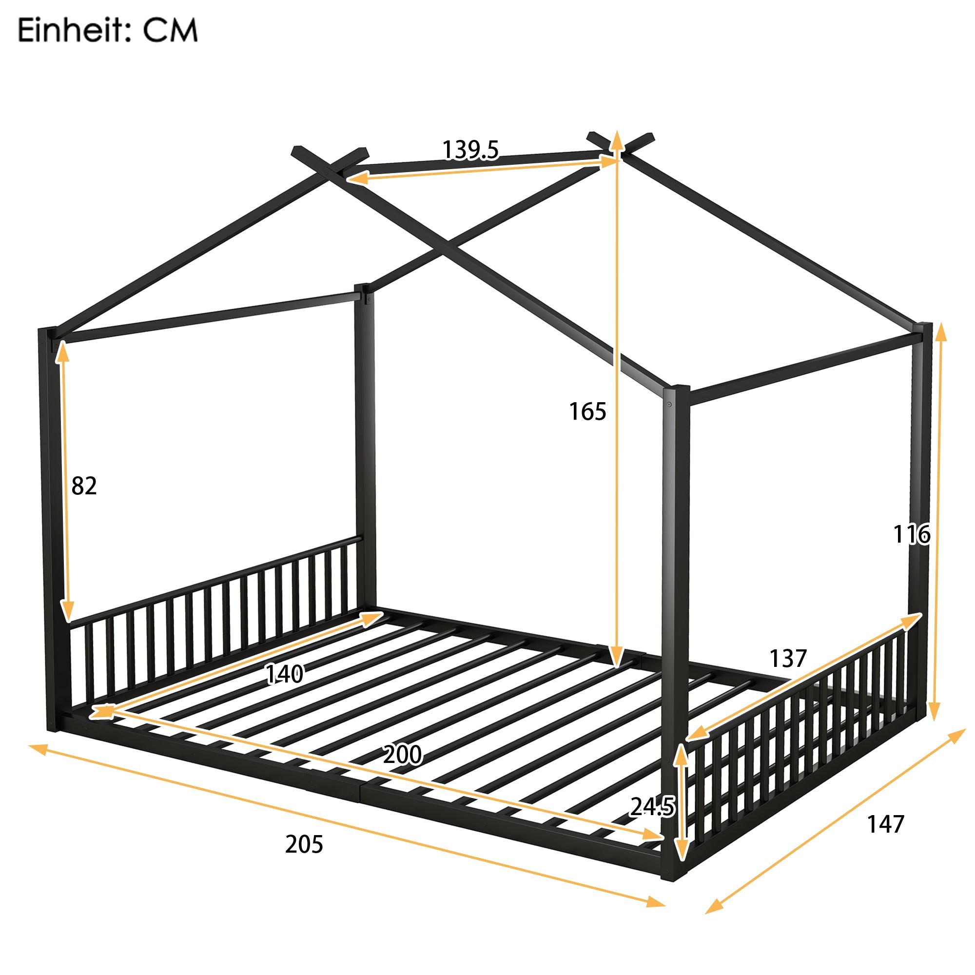 Logidon 140x200cm plat bed huisbed met ijzeren frame zwart