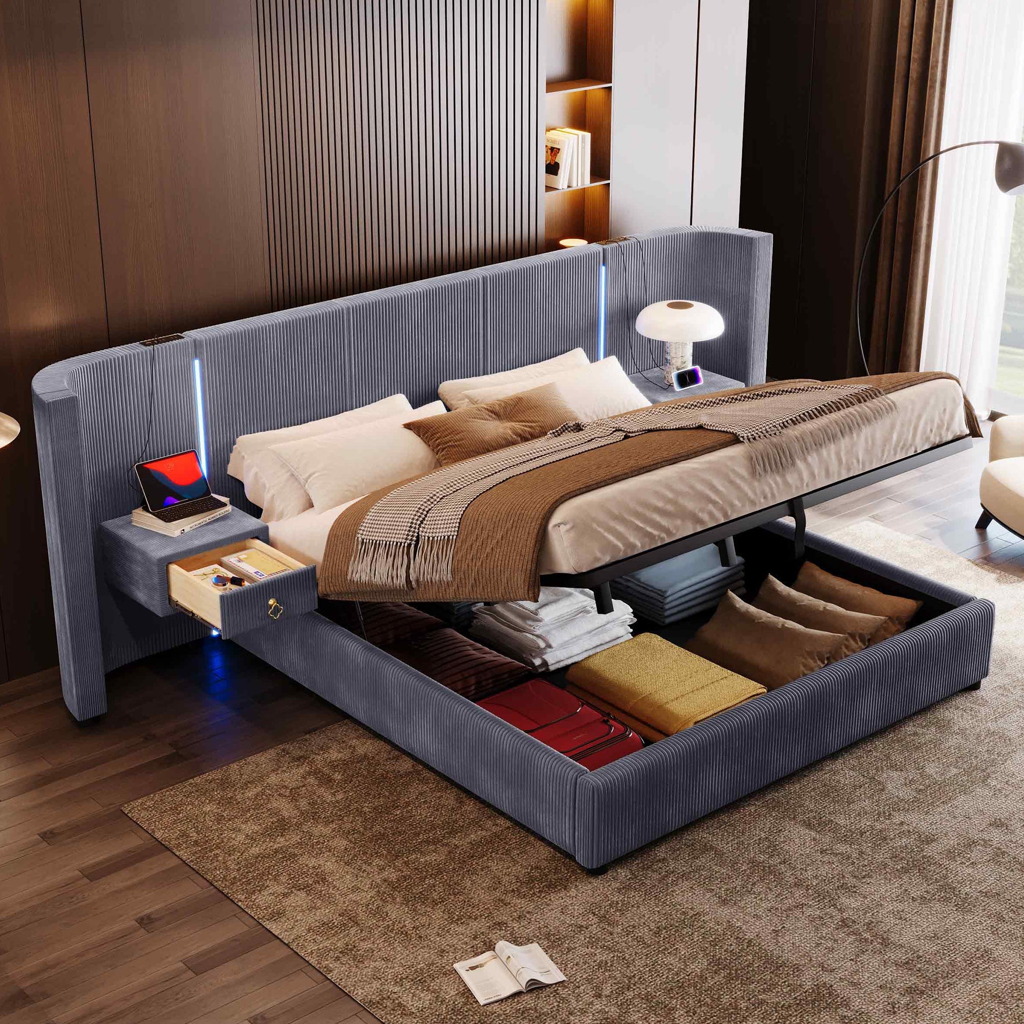 Logidon upholstered bed 180x200 cm gray velvet with LED strip storage space