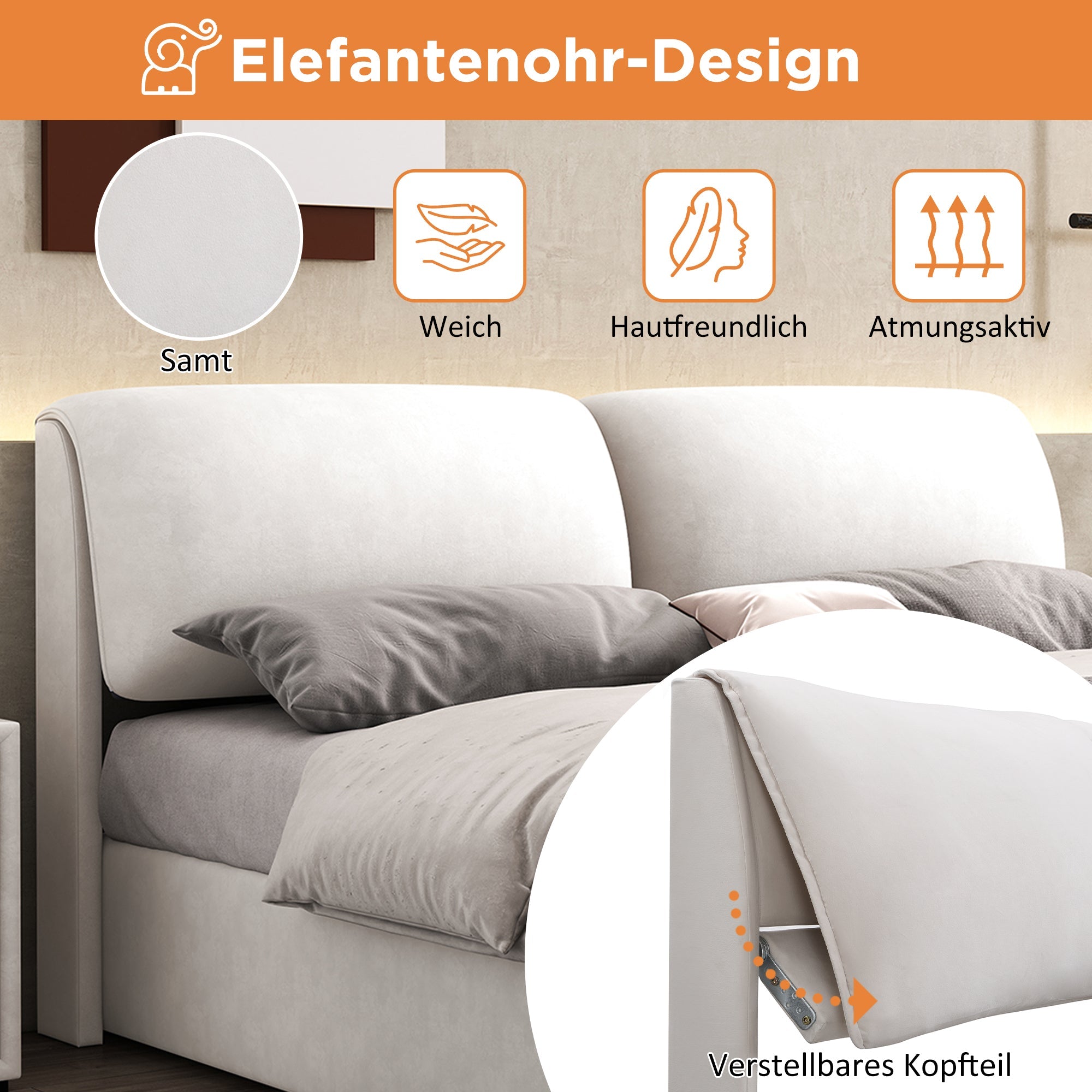 Logidon gestoffeerd bed 180x200 beige fluweel met bedkast en drie lades