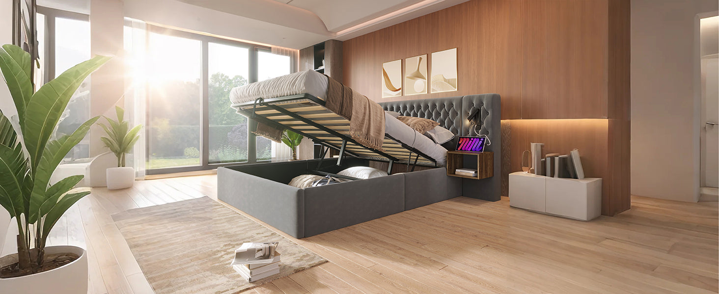 Logidon bed system hydraulic storage bed 160x200 cm gray velvet