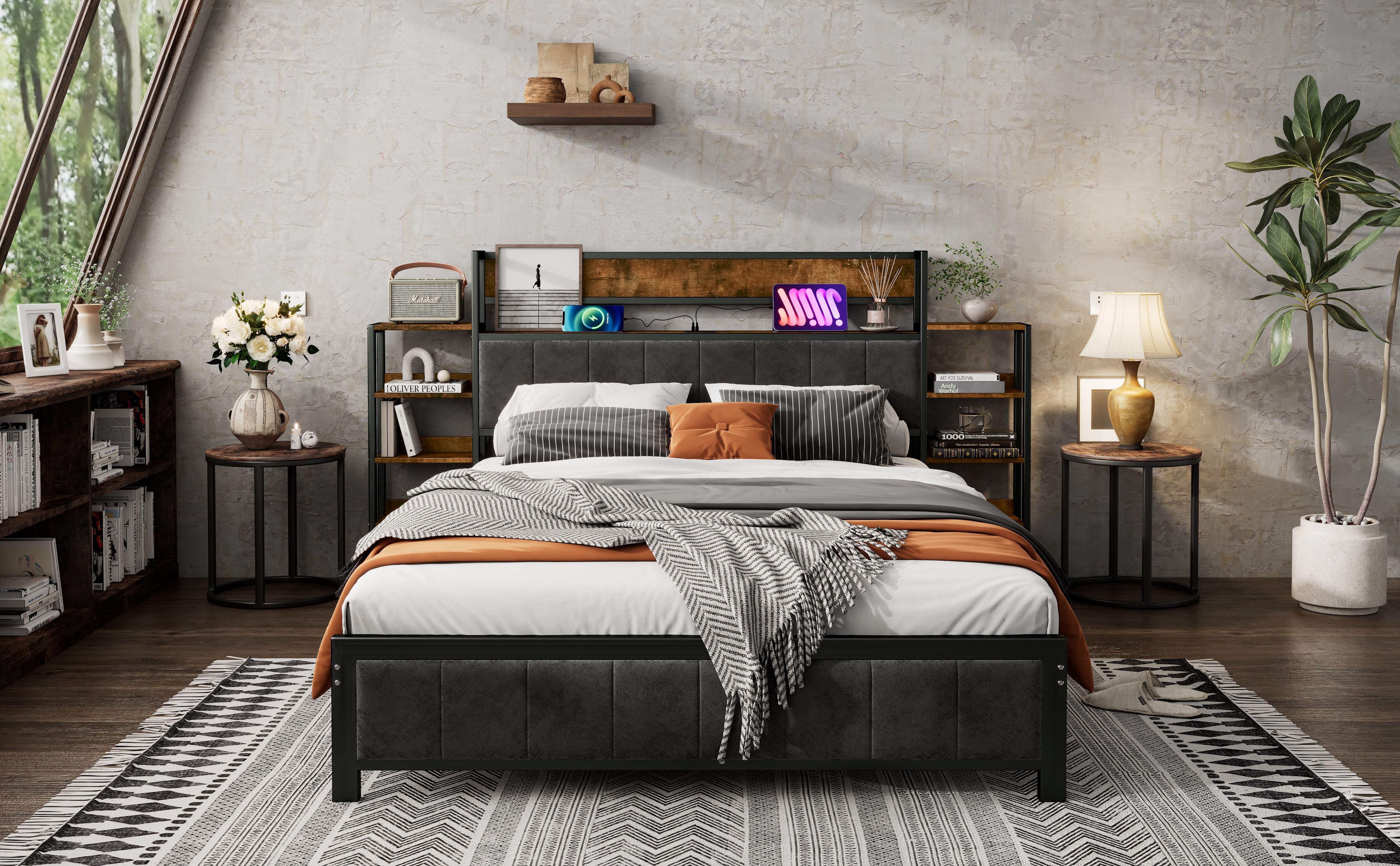 Logidon metalen bed 140x200 met opbergruimte USB-poorten zwart walnoot