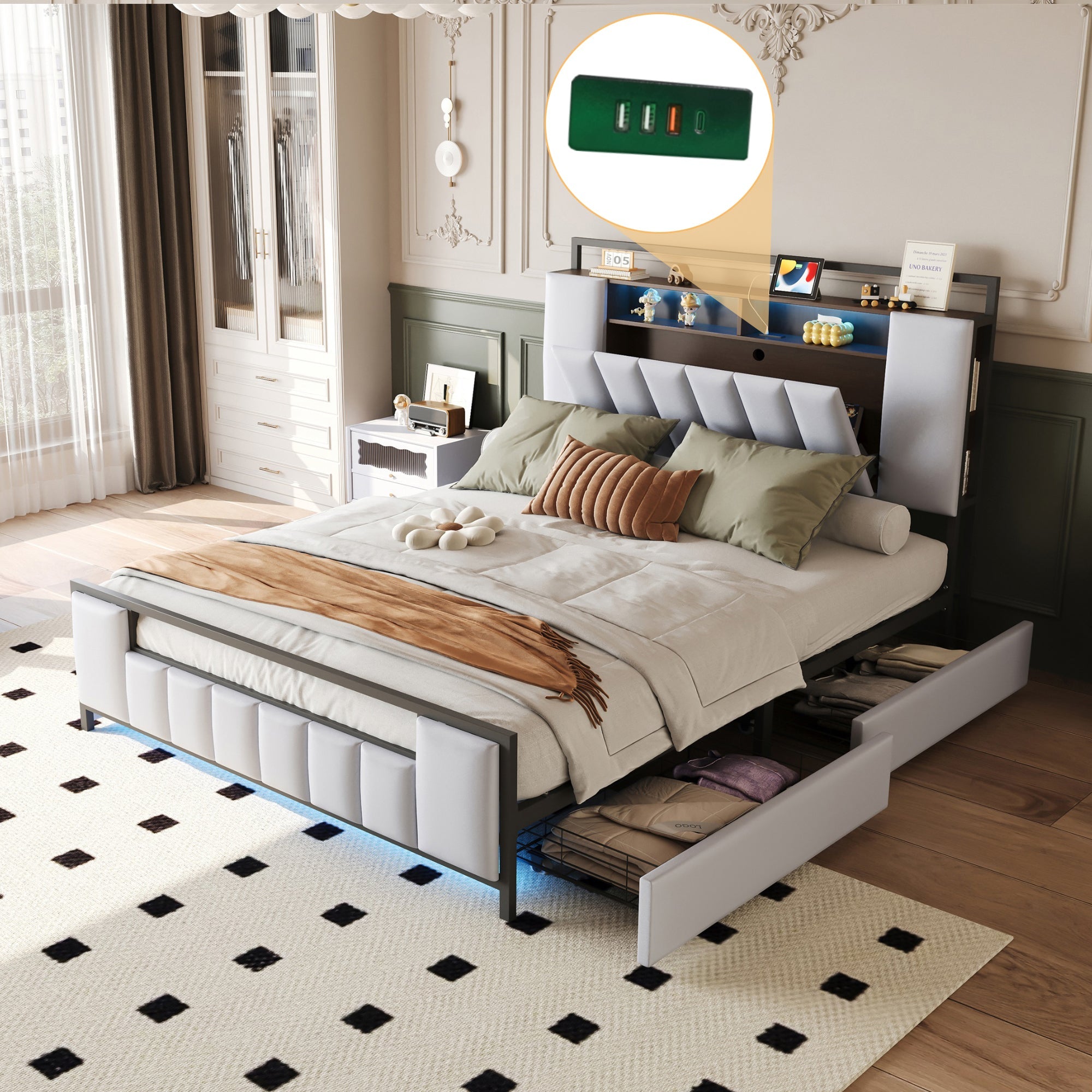 Logidon gestoffeerd bed 160x200 cm beige kunstleer met LED en USB