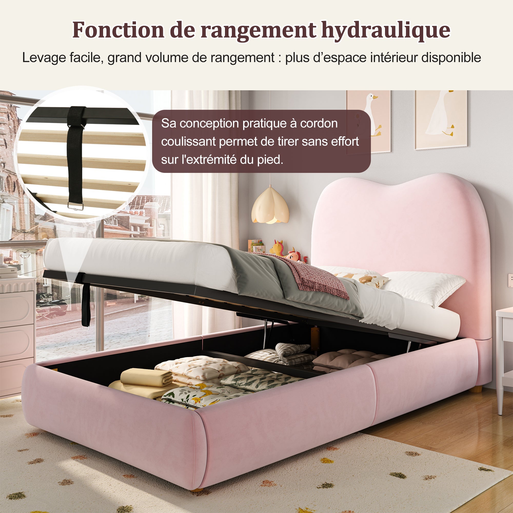 Logidon Gestoffeerd Bed Roze 90x200 cm Hydraulisch bed met opbergruimte