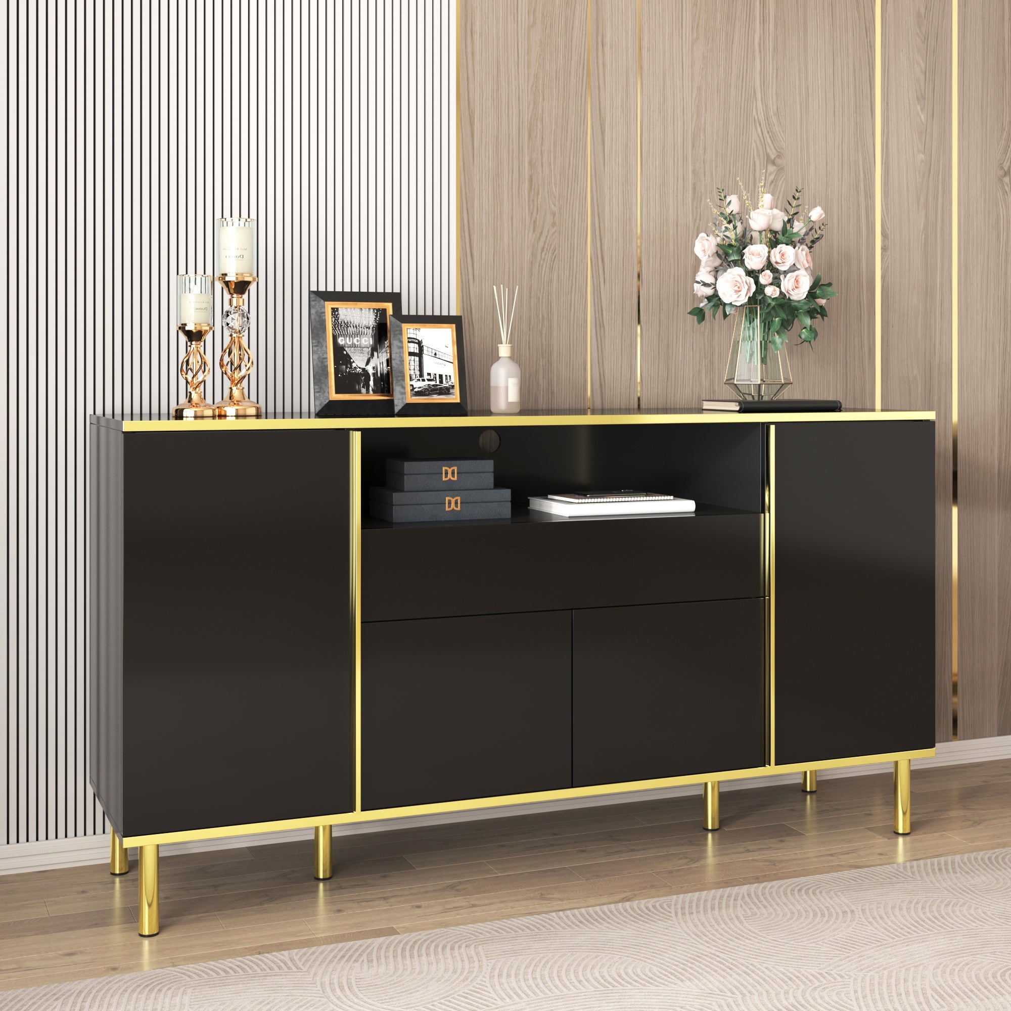 Logidon high-gloss sideboard black 150x40x80 with LED accents