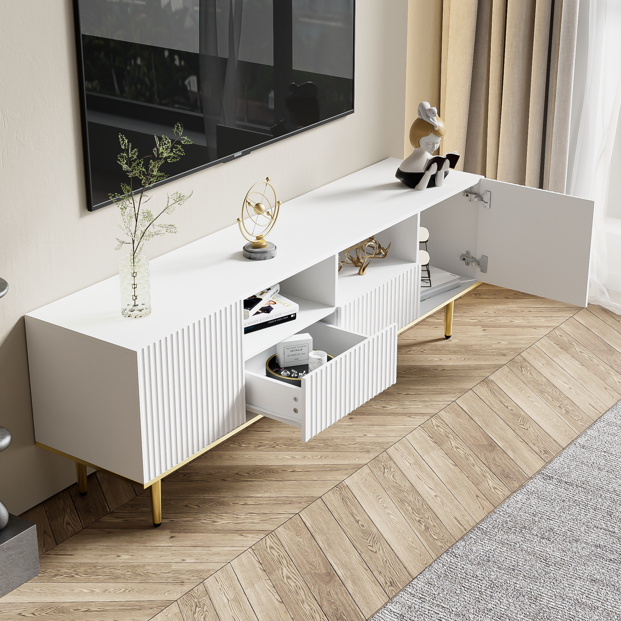 Logidon Modern tv-meubel wit met gouden poten en gouden bies