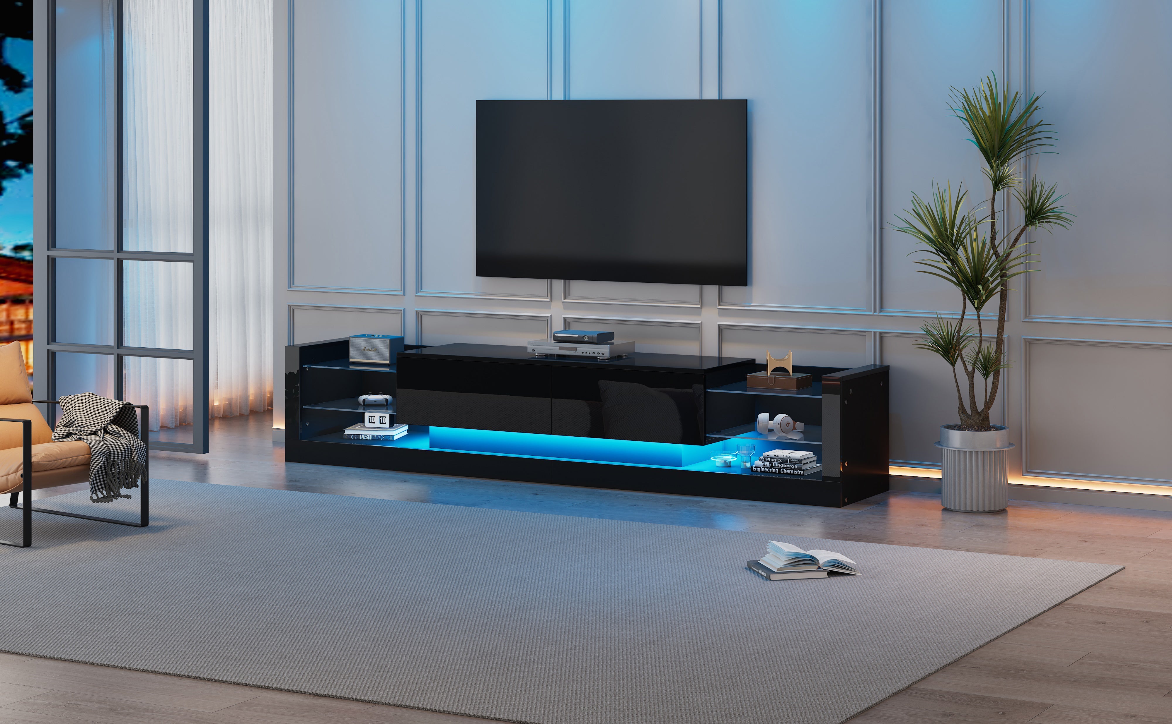 Logidon high-gloss TV cabinet 181 cm LED lighting black glass front
