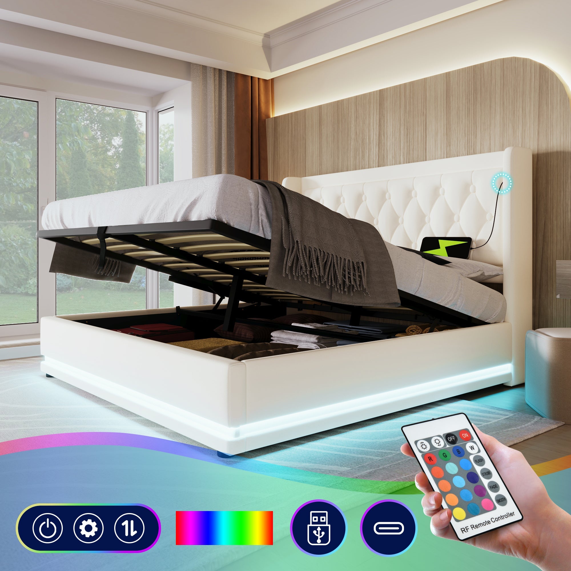 Logidon gestoffeerd bed 180x200 cm wit hydraulische opbergruimte USB C