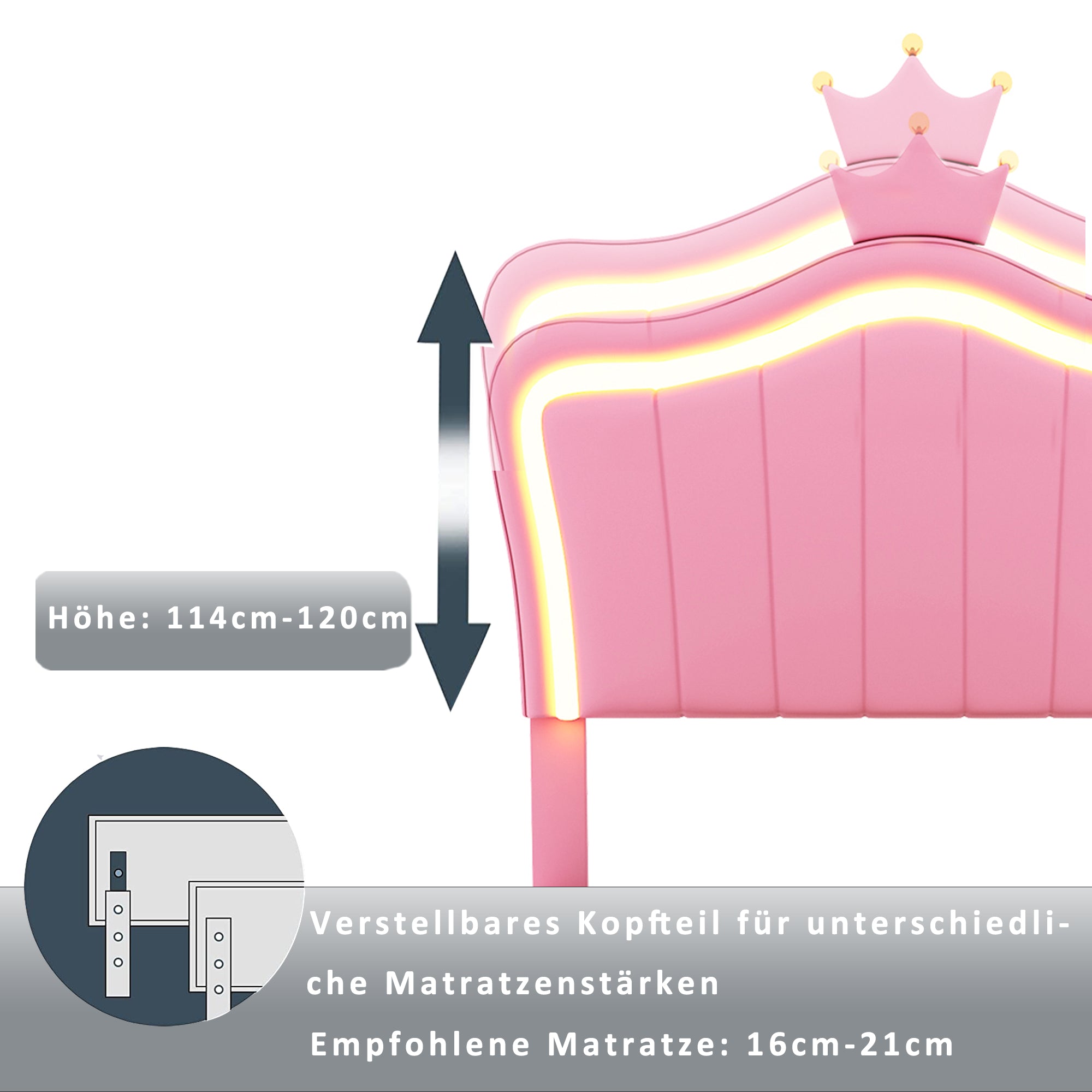 Logidon gestoffeerd bed 90x200 cm roze met kroondesign en LED
