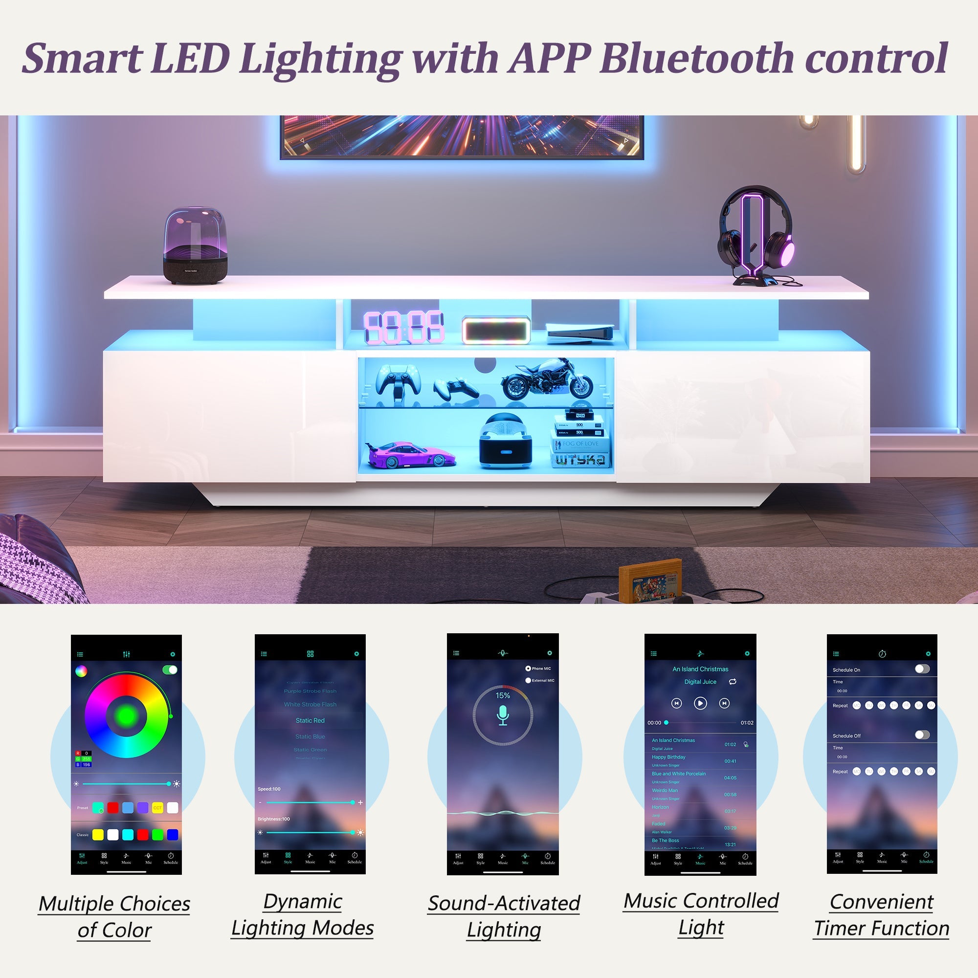 Logidon TV-meubel hoogglans wit 160 x 40 x 45 cm met LED lichtstrip glasplanken