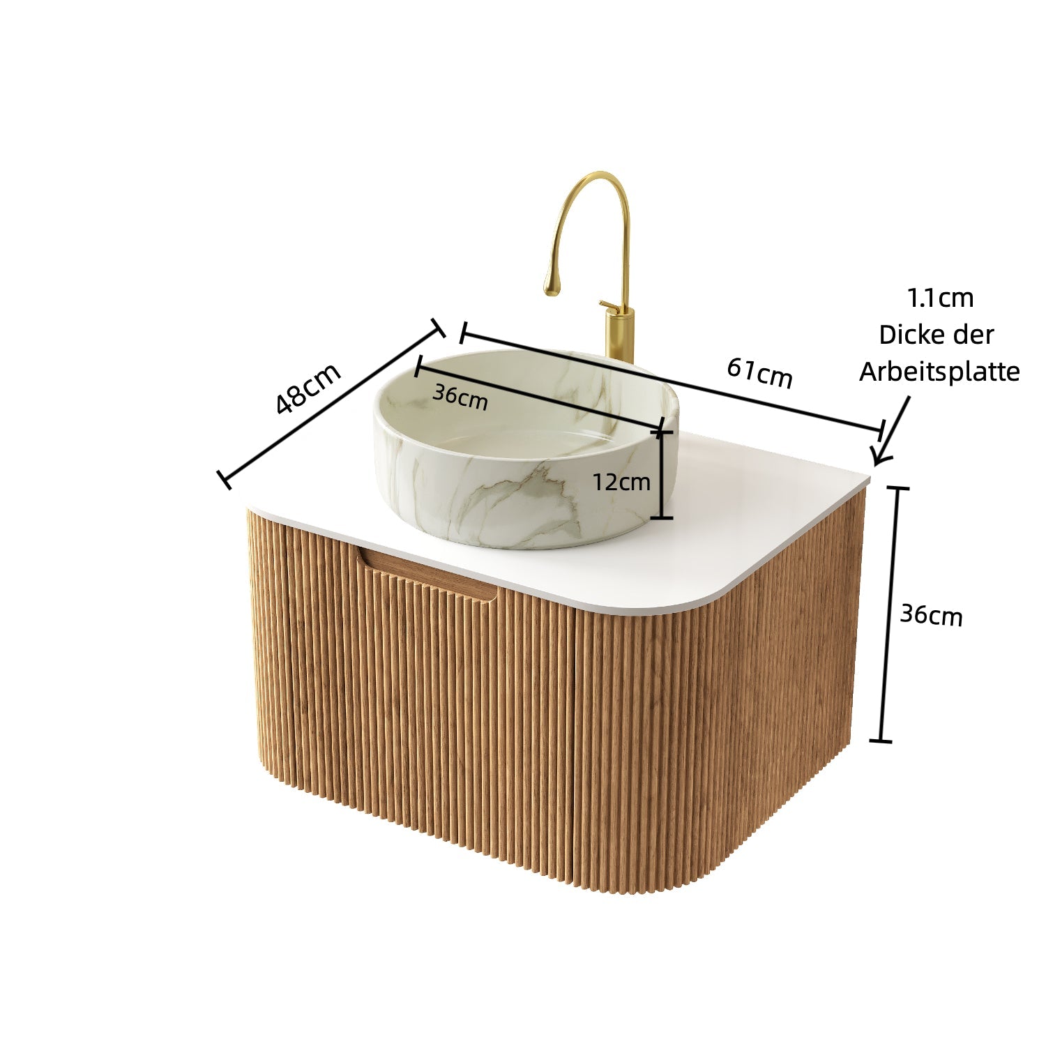 Logidon 61cm wandgemonteerd badkamermeubel rond keramische wastafel steenpatroon