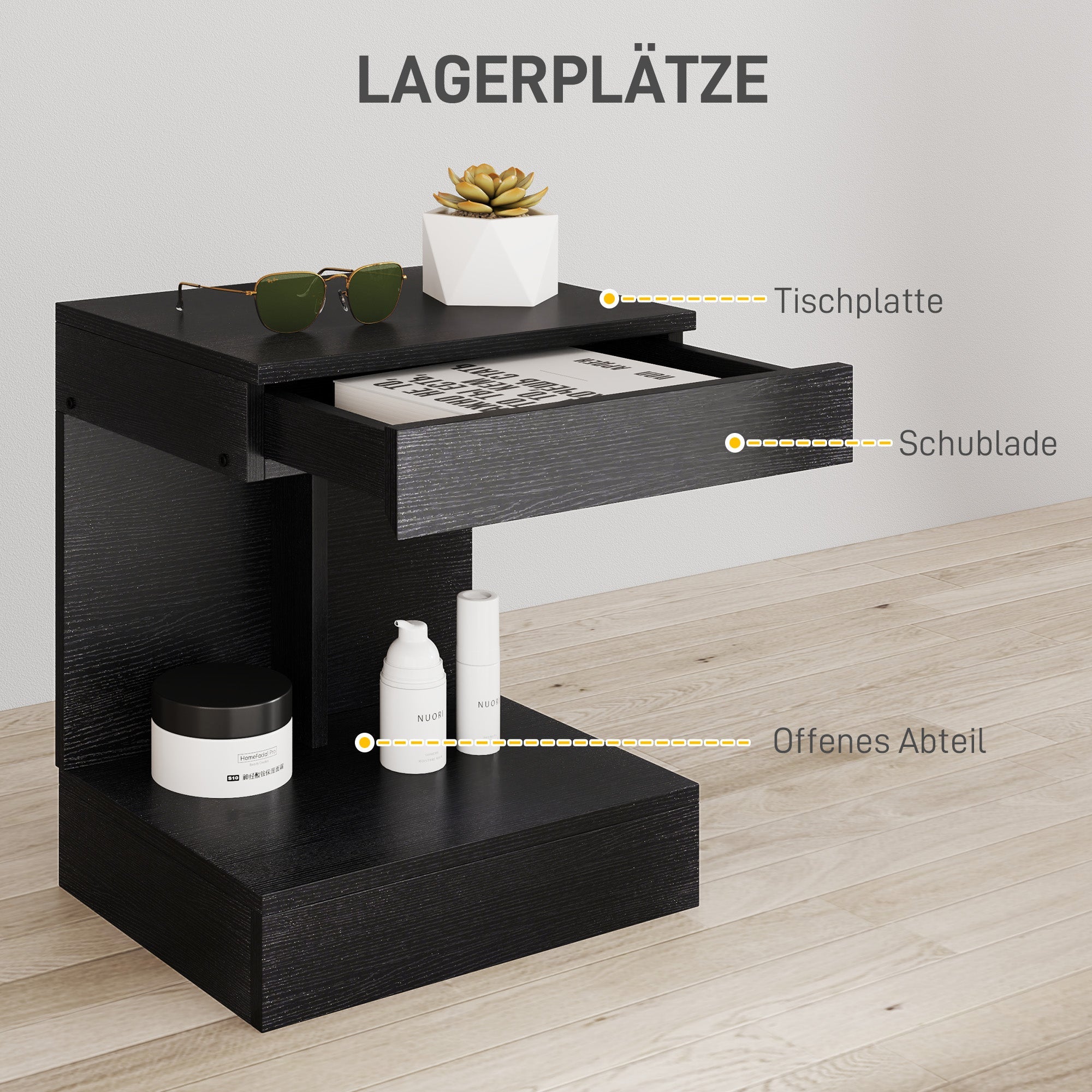 Logidon Nachtkastje Zwart Met Lade En Plank 40x30x46 Cm