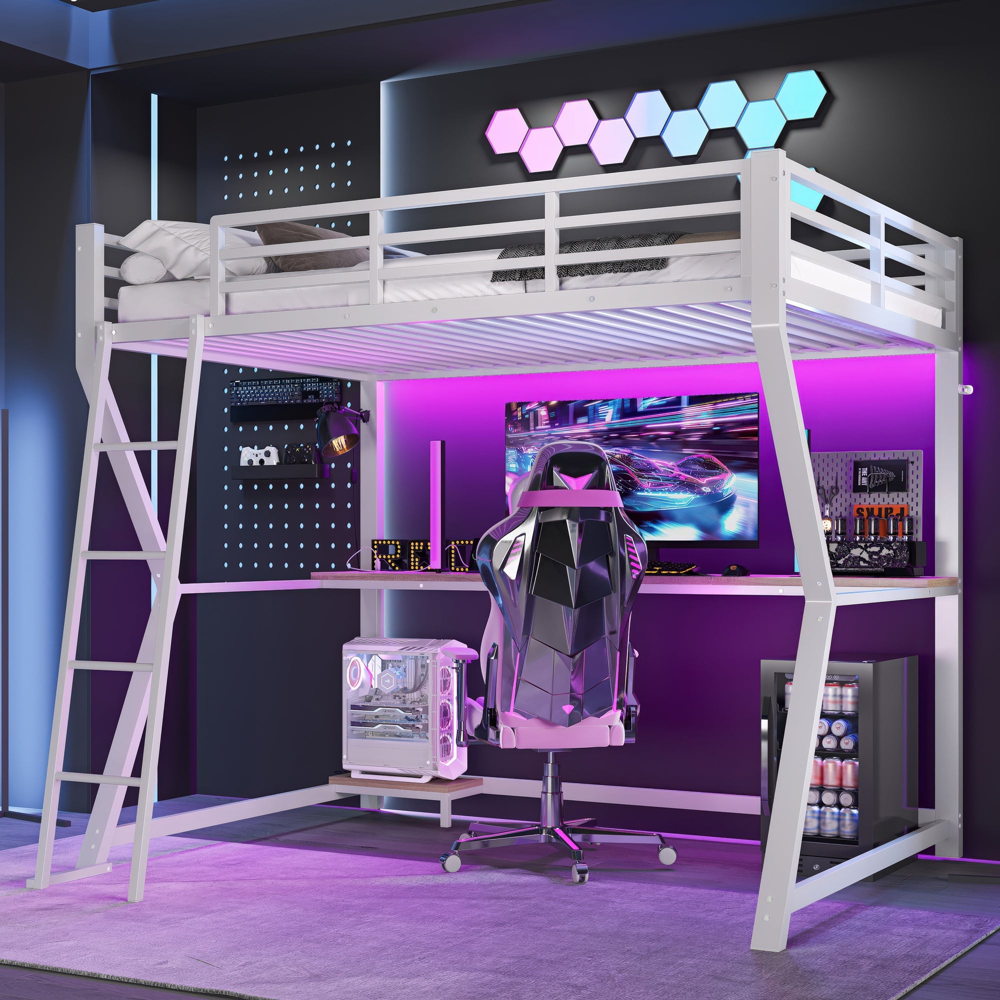 Logidon loft bed 90x200 with LED lighting and computer console white